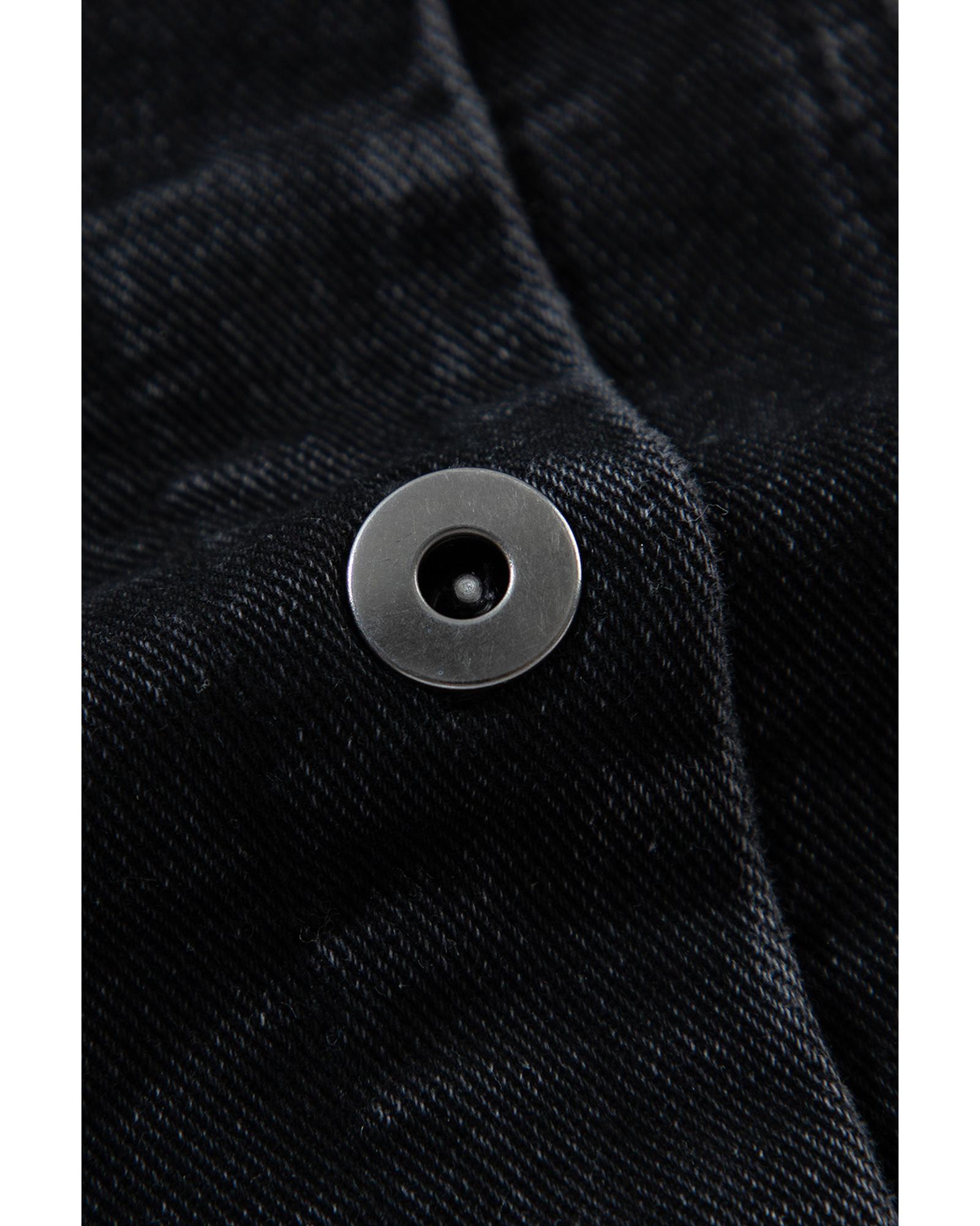 Black Plaid Sleeve Frayed Hem Hooded Denim Jacket - M