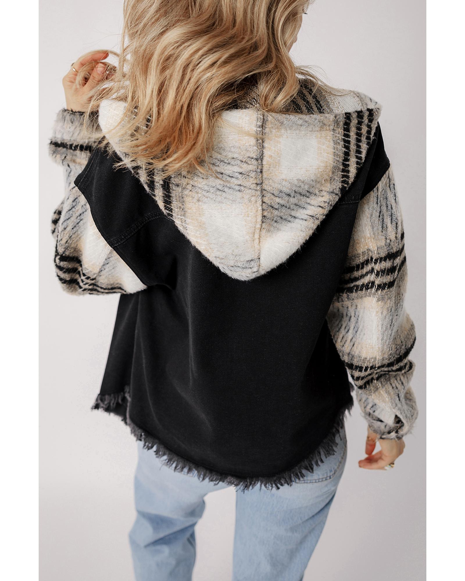 Black Plaid Sleeve Frayed Hem Hooded Denim Jacket - M