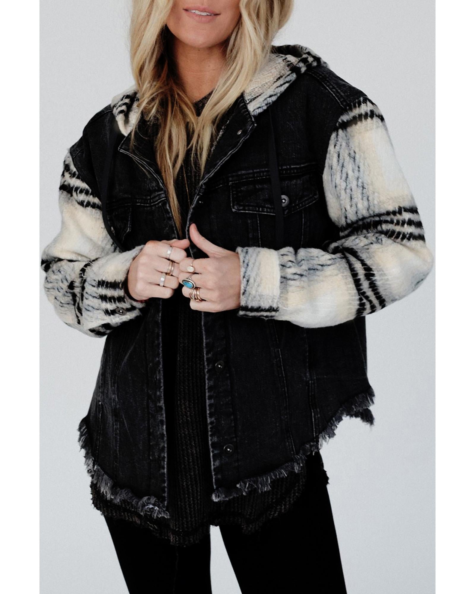 Black Plaid Sleeve Frayed Hem Hooded Denim Jacket - M