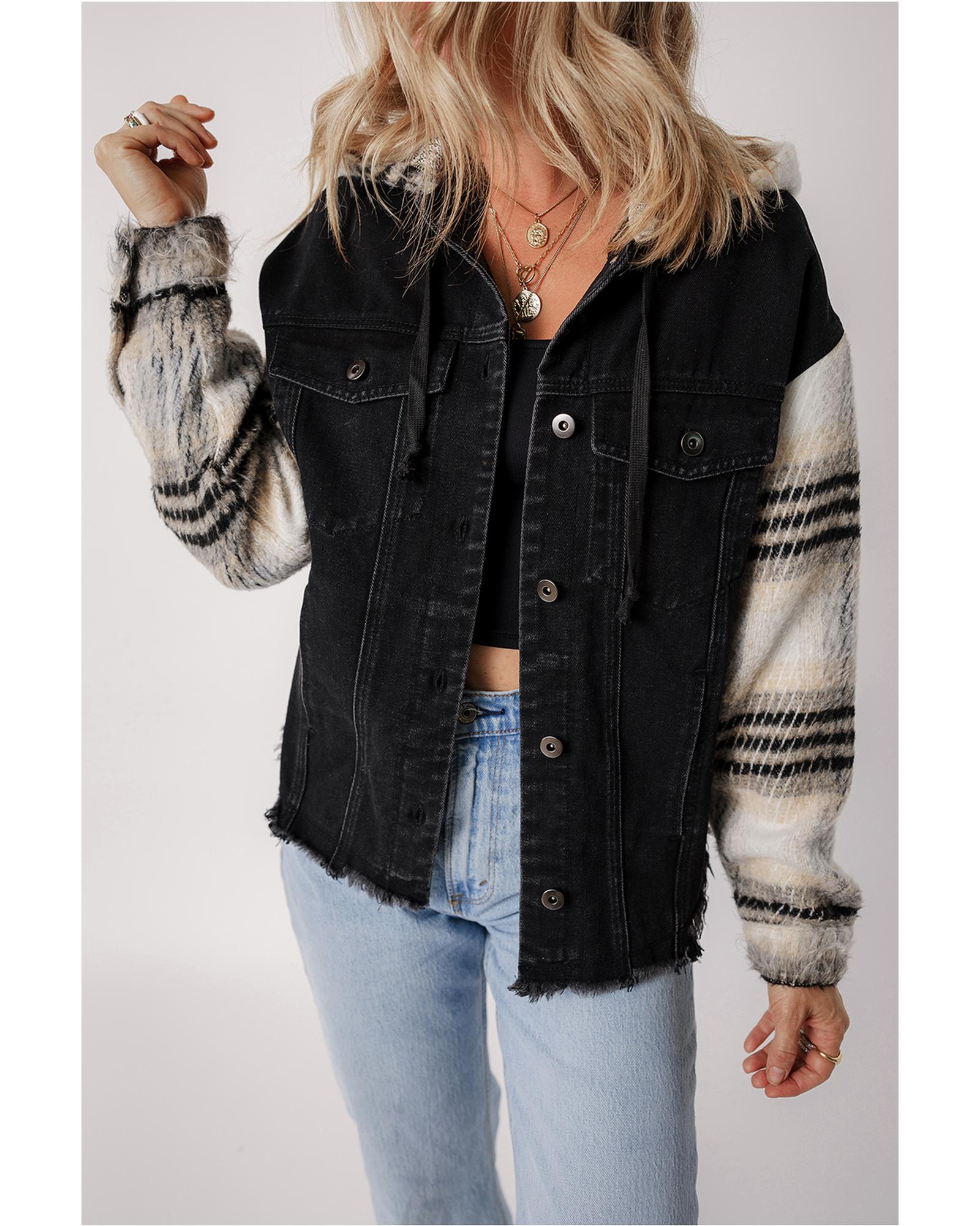 Black Plaid Sleeve Frayed Hem Hooded Denim Jacket - M