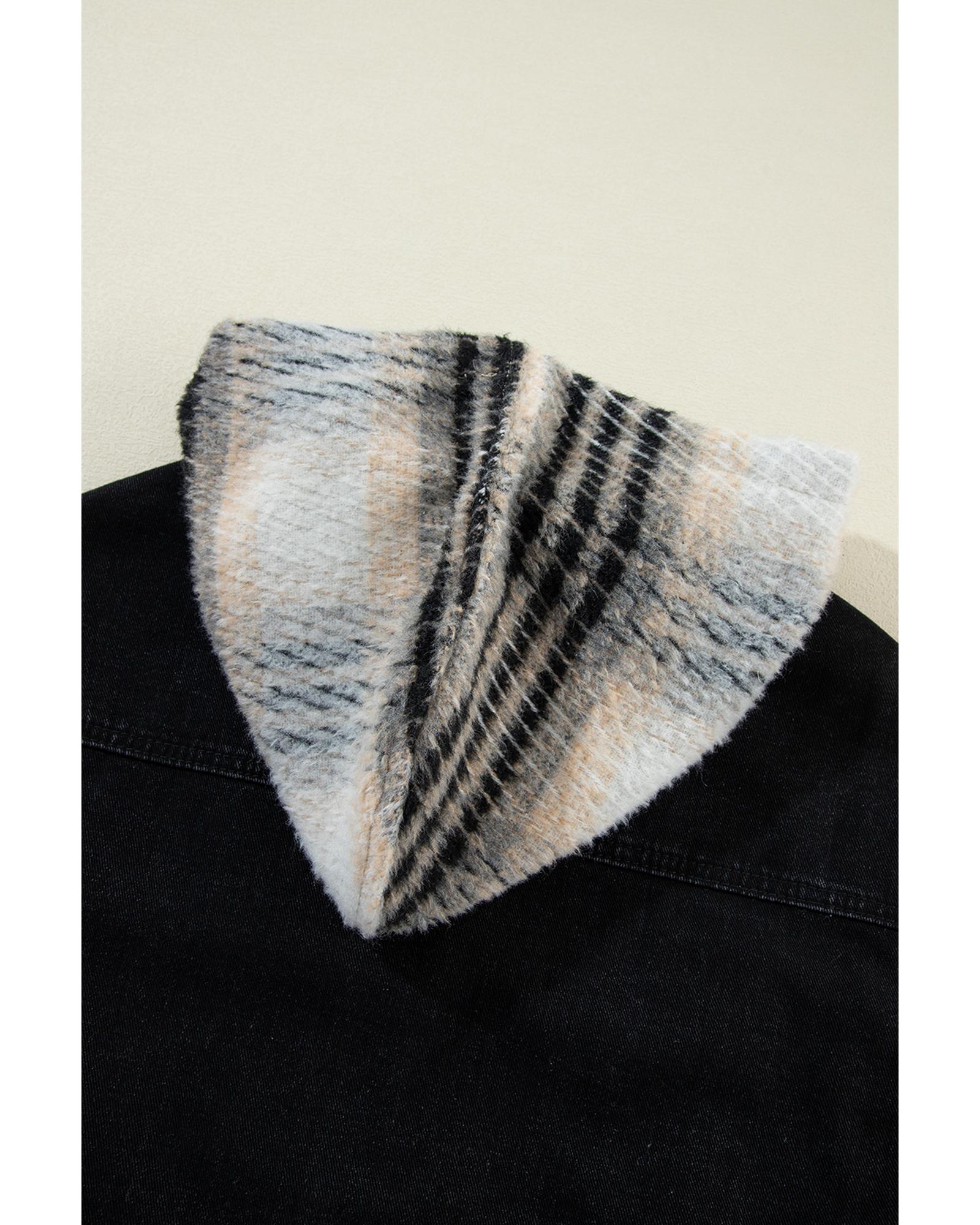 Black Plaid Sleeve Frayed Hem Hooded Denim Jacket - M