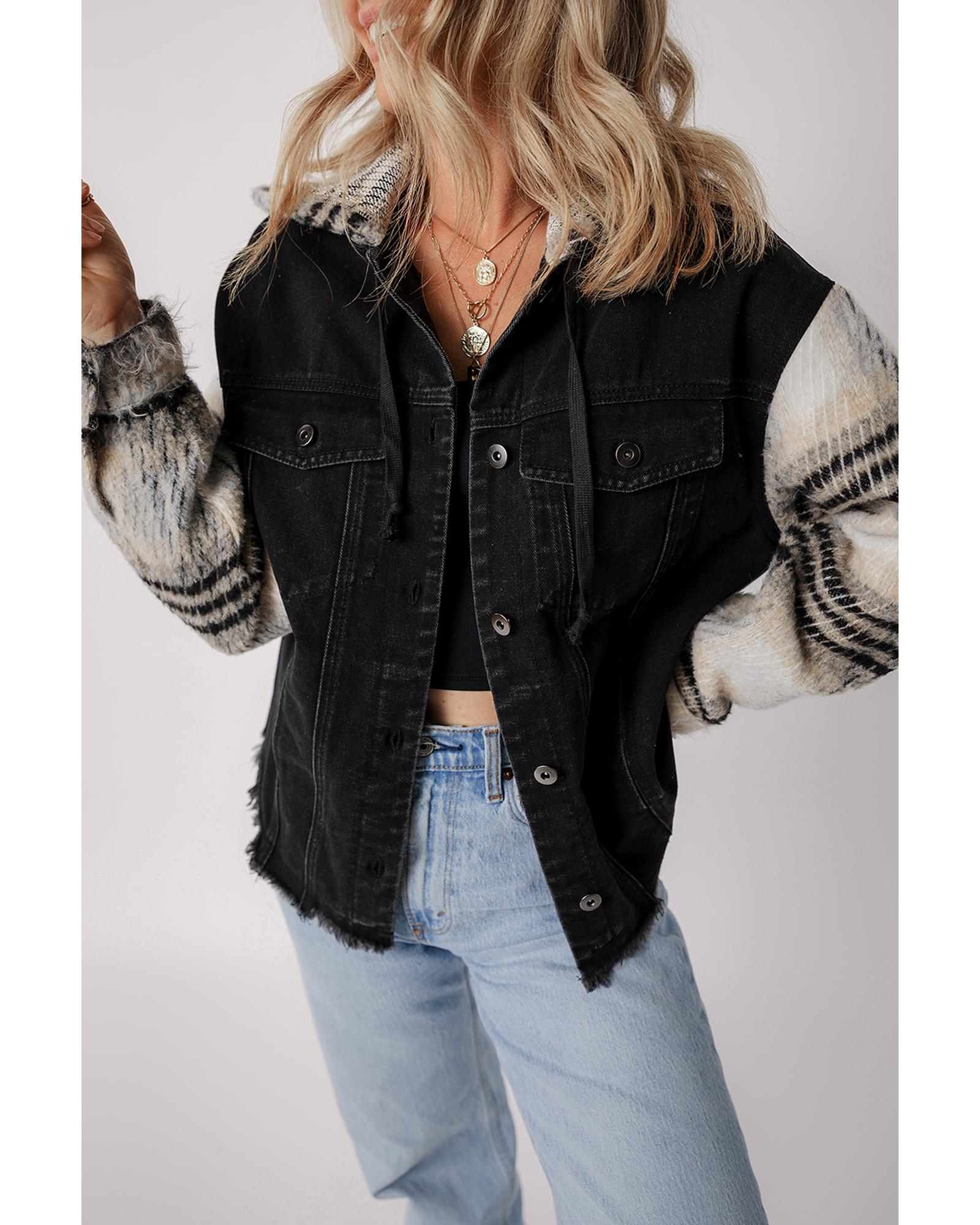 Black Plaid Sleeve Frayed Hem Hooded Denim Jacket - M