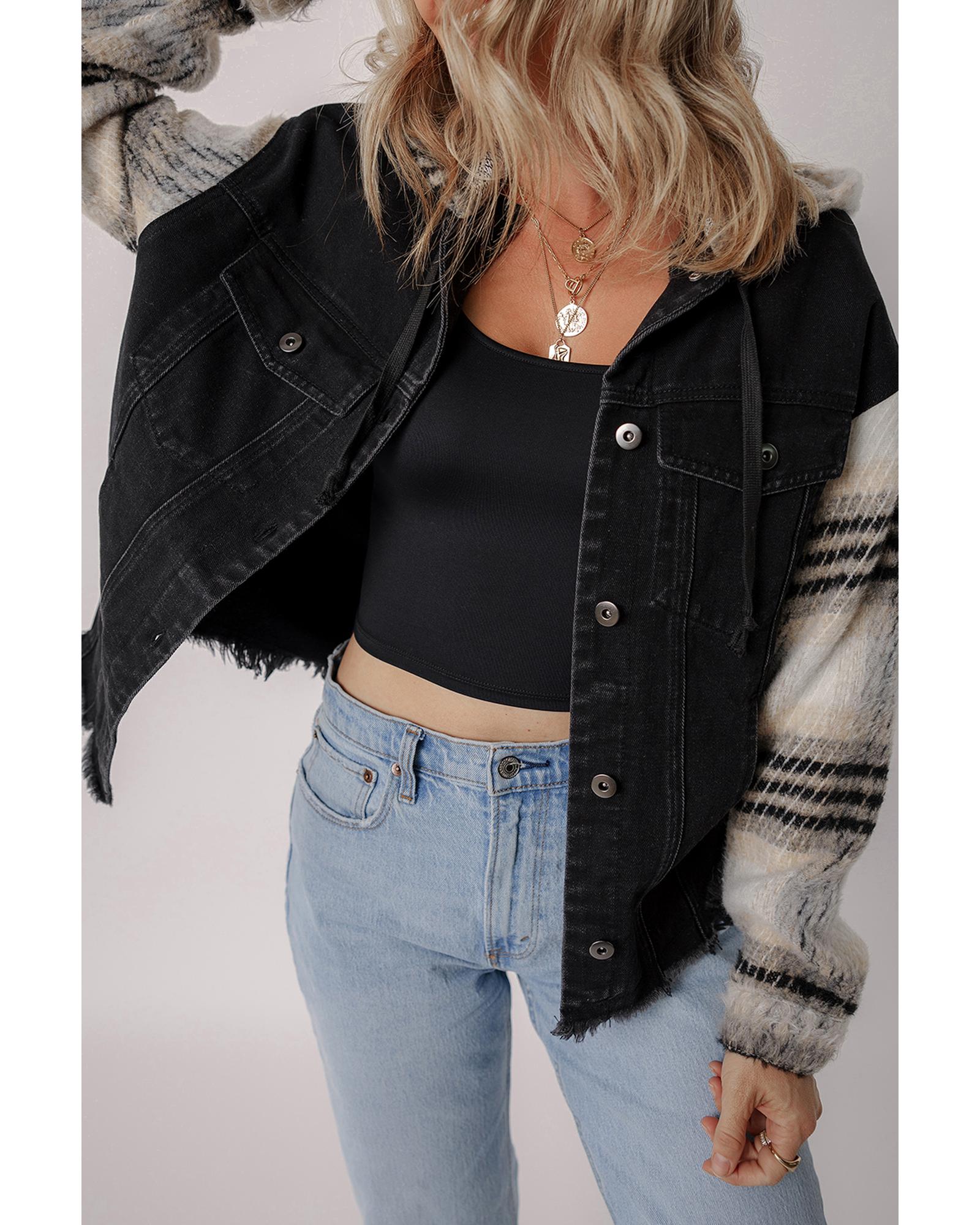 Black Plaid Sleeve Frayed Hem Hooded Denim Jacket - M