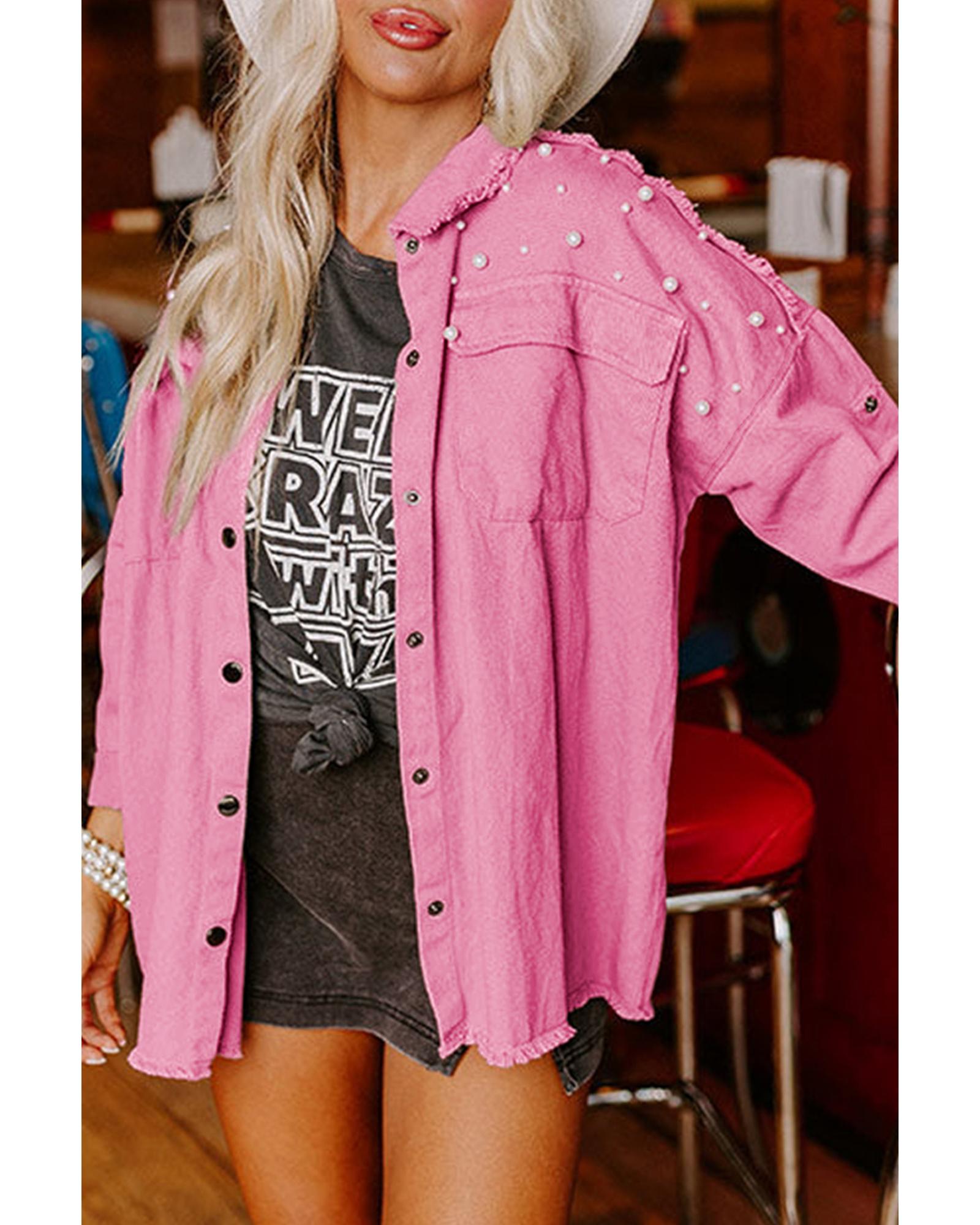 Bonbon Pearl Beaded Raw Hem Button Up Denim Jacket - M