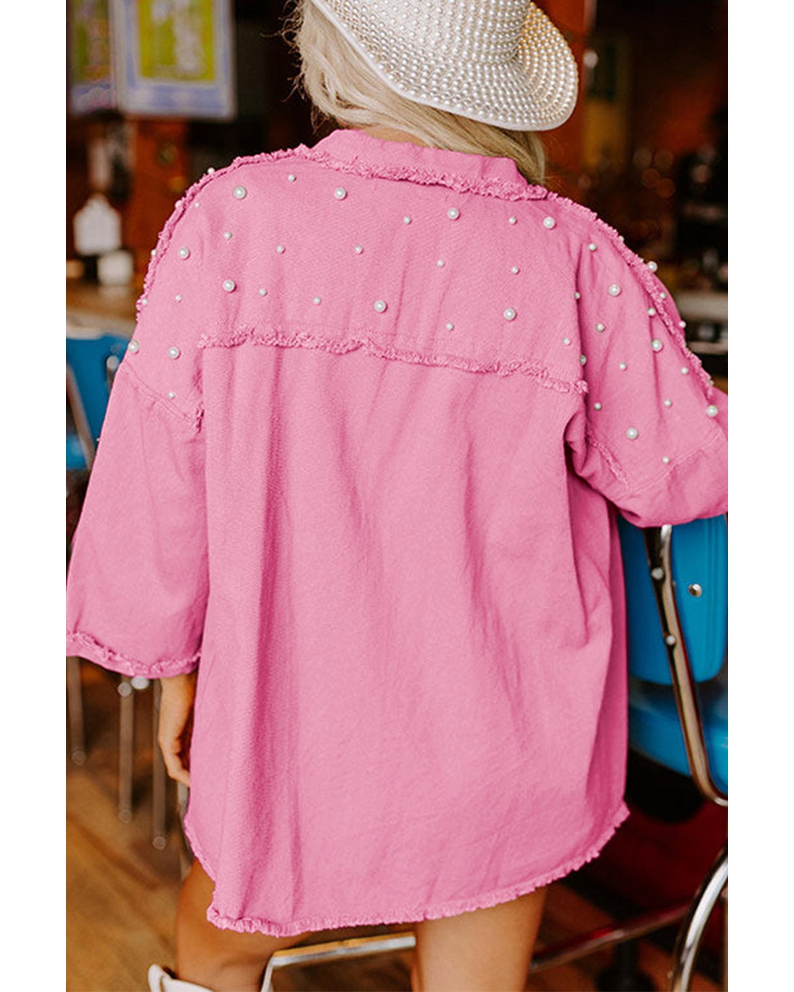 Bonbon Pearl Beaded Raw Hem Button Up Denim Jacket - M