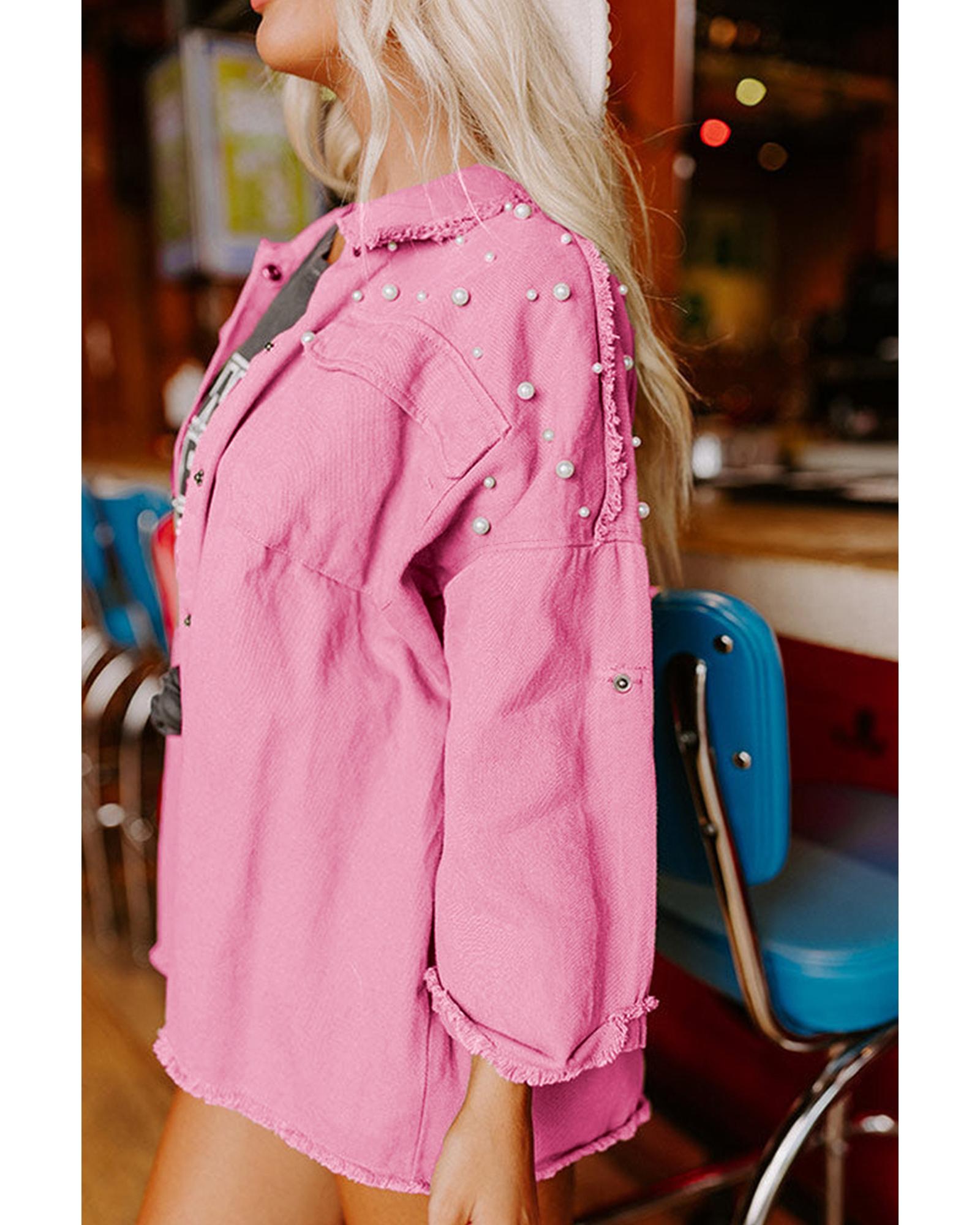 Bonbon Pearl Beaded Raw Hem Button Up Denim Jacket - M