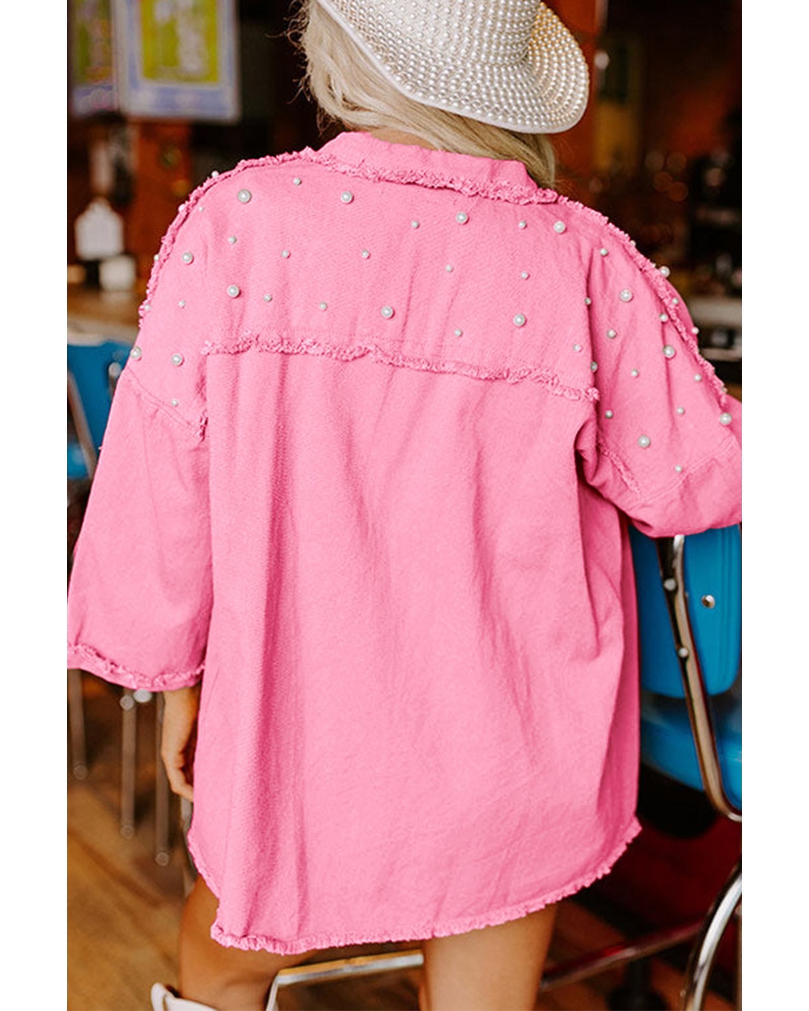 Bonbon Pearl Beaded Raw Hem Button Up Denim Jacket - M