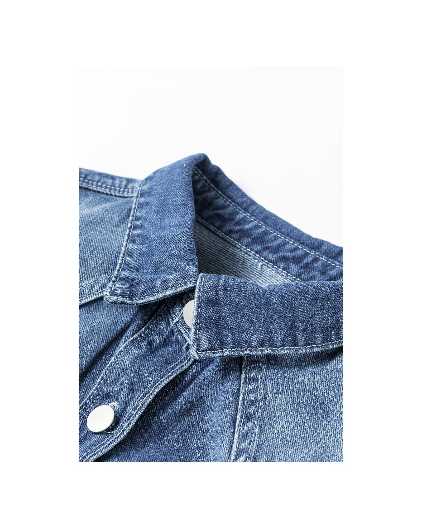 Sky Blue Light Wash Distressed Frayed Long Denim Jacket - 2XL