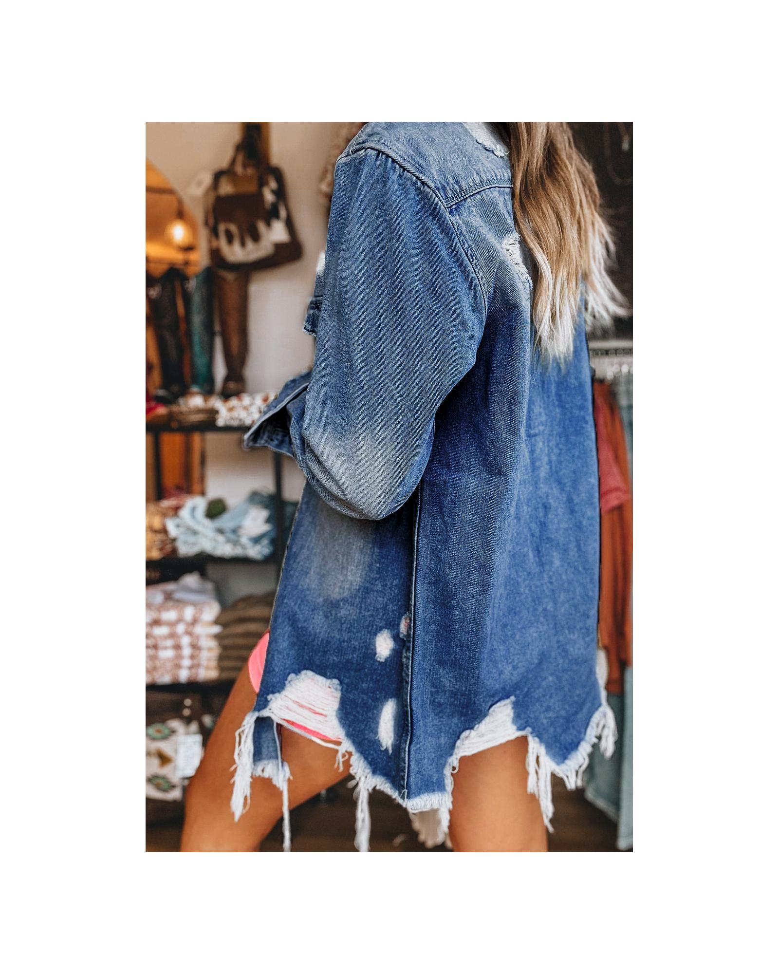 Sky Blue Light Wash Distressed Frayed Long Denim Jacket - 2XL