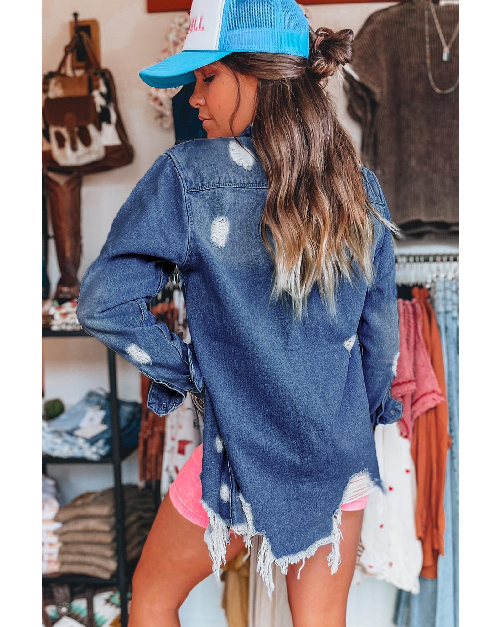 Sky Blue Light Wash Distressed Frayed Long Denim Jacket - M