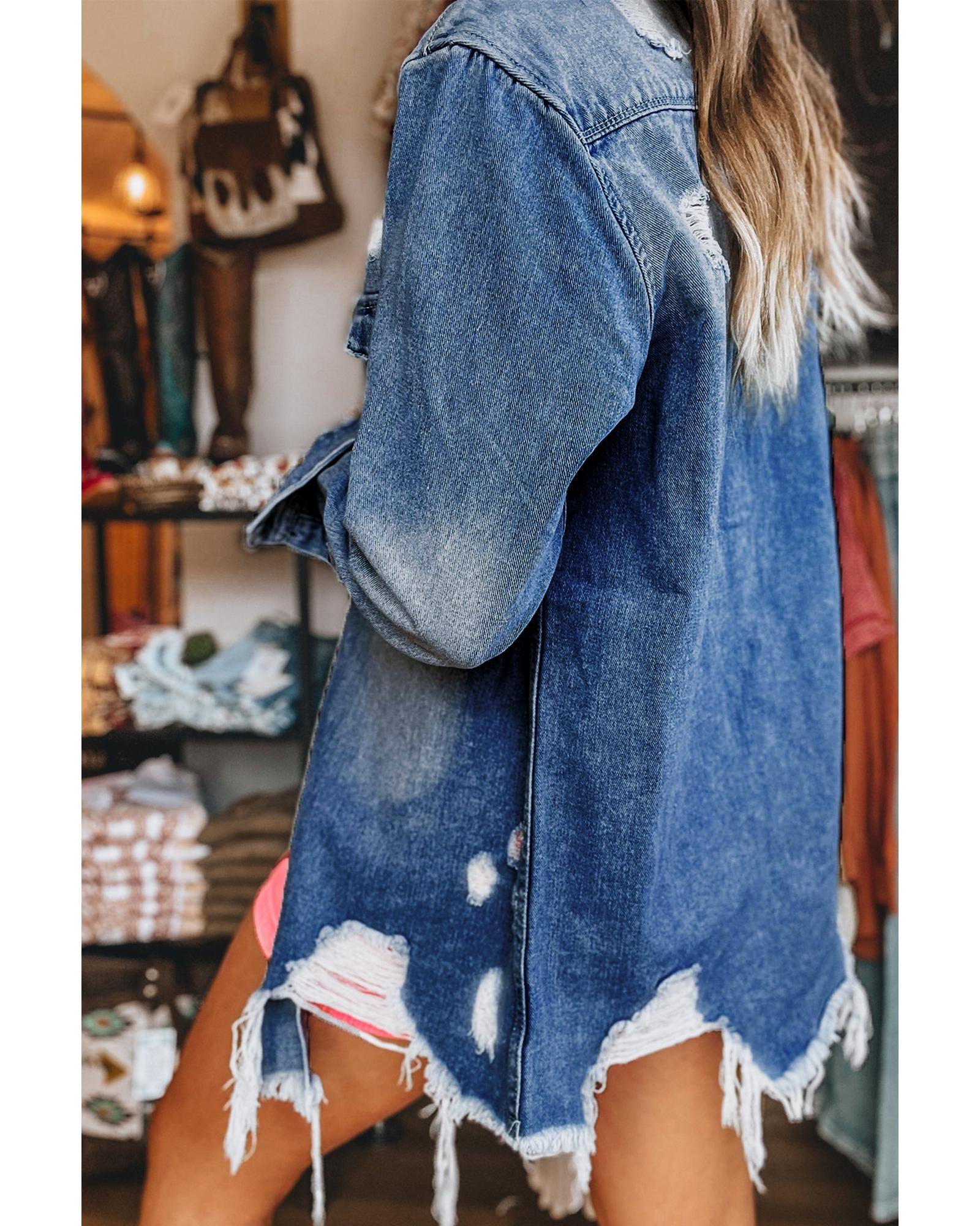 Sky Blue Light Wash Distressed Frayed Long Denim Jacket - M