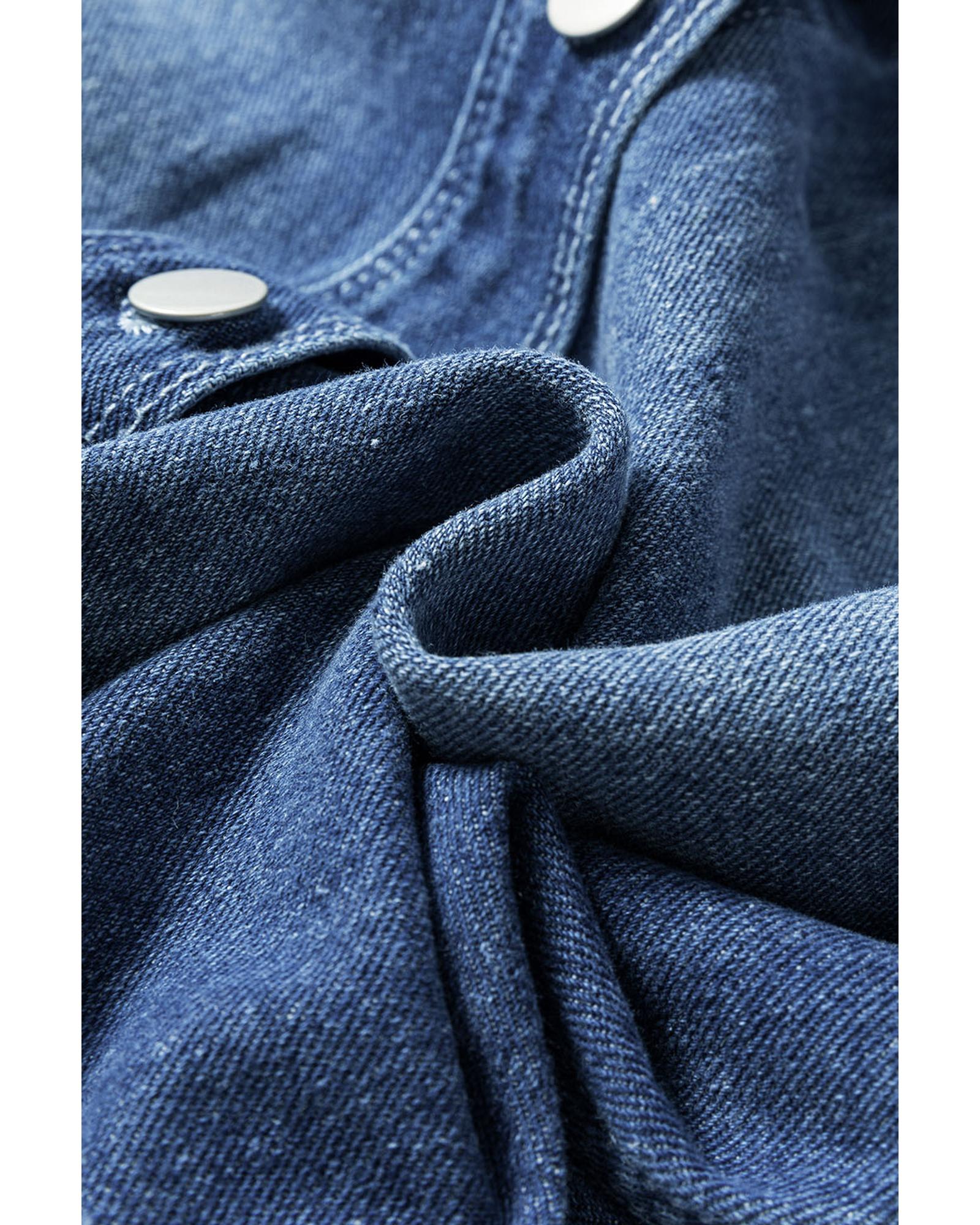 Sky Blue Light Wash Distressed Frayed Long Denim Jacket - M