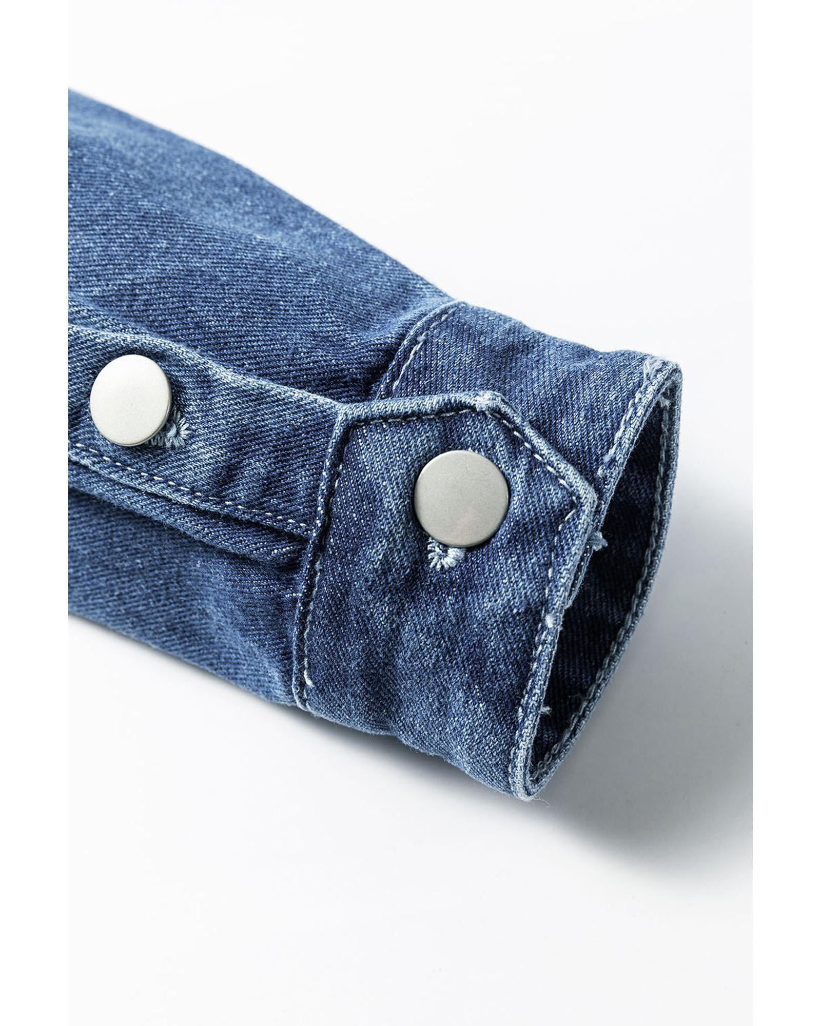 Sky Blue Light Wash Distressed Frayed Long Denim Jacket - M
