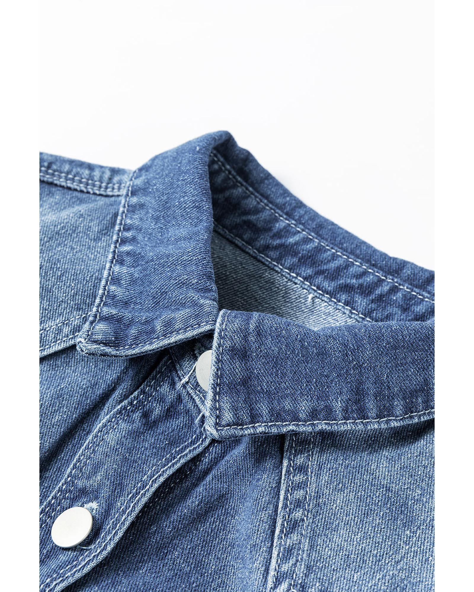 Sky Blue Light Wash Distressed Frayed Long Denim Jacket - M