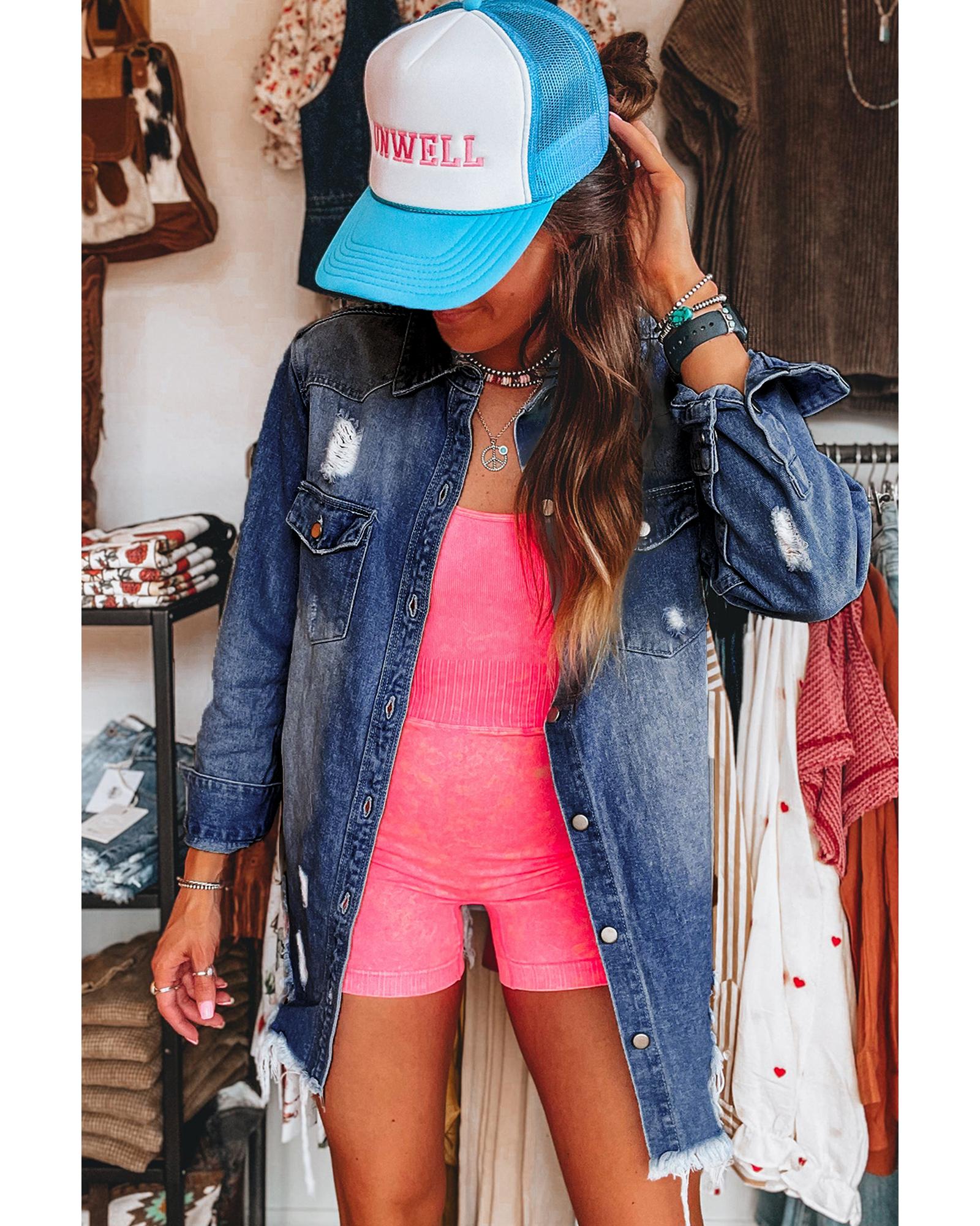 Sky Blue Light Wash Distressed Frayed Long Denim Jacket - XL