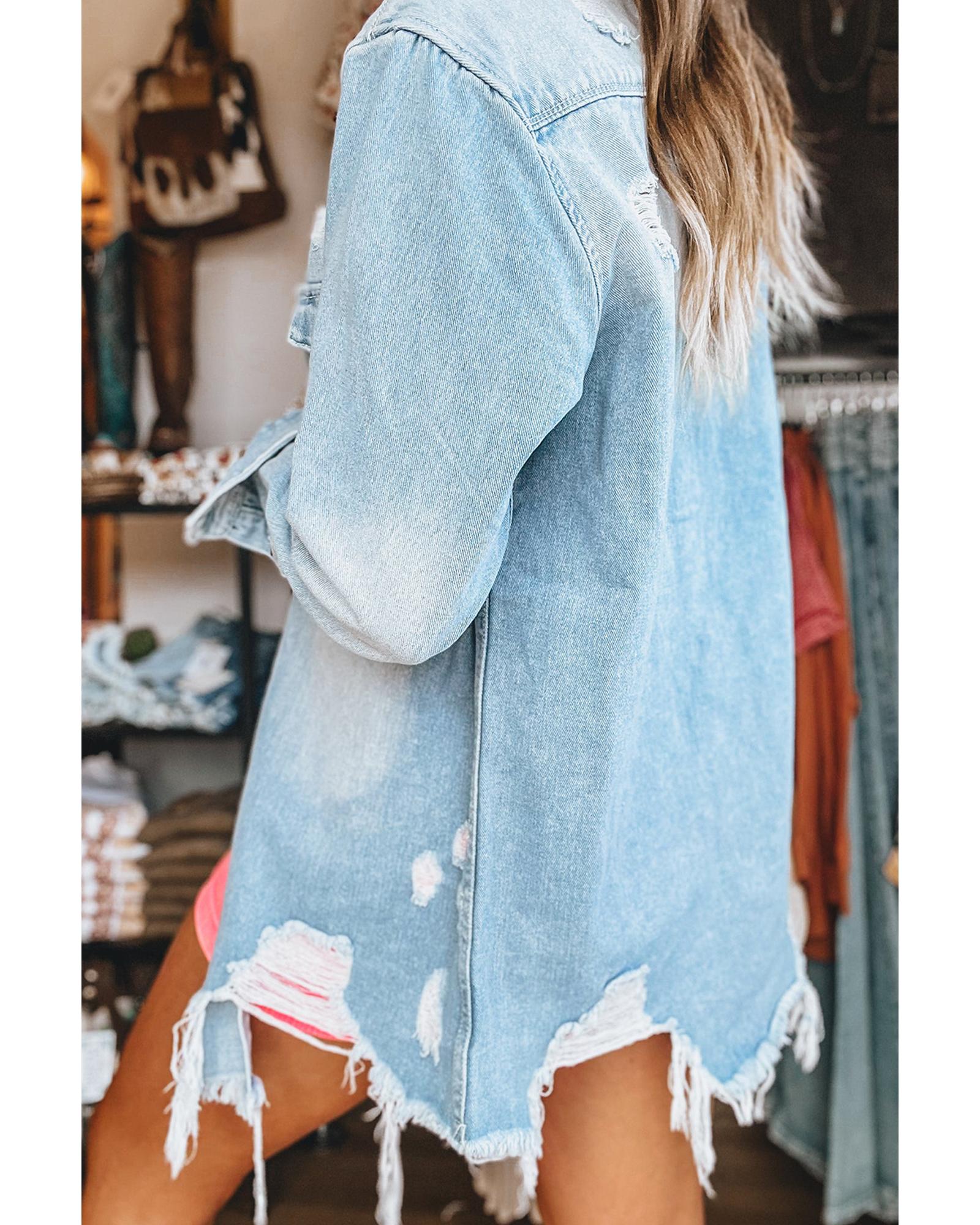 Beau Blue Mineral Wash Distressed Frayed Long Denim Jacket - M
