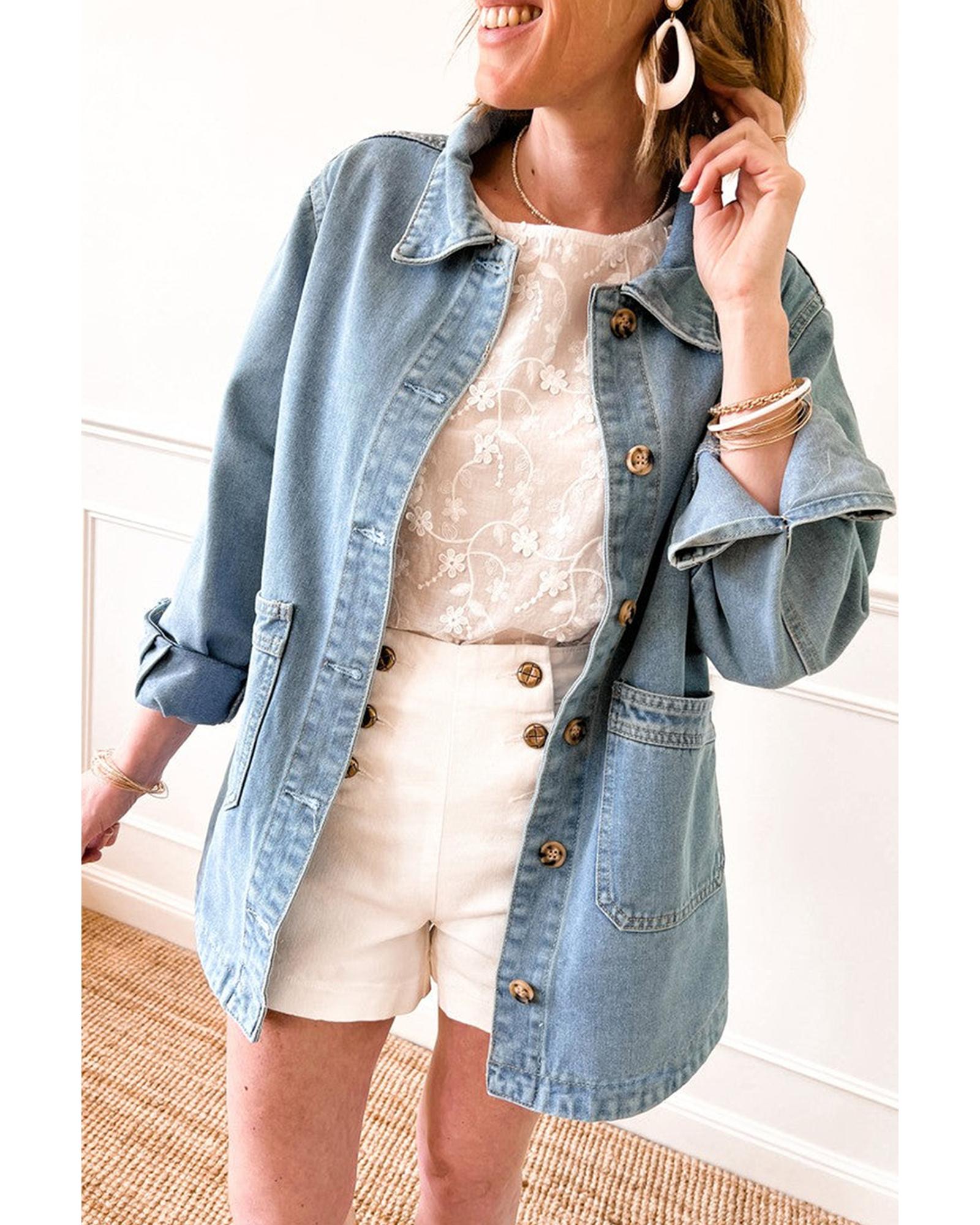 Dusk Blue Slit Buttons Pocketed Denim Jacket - L