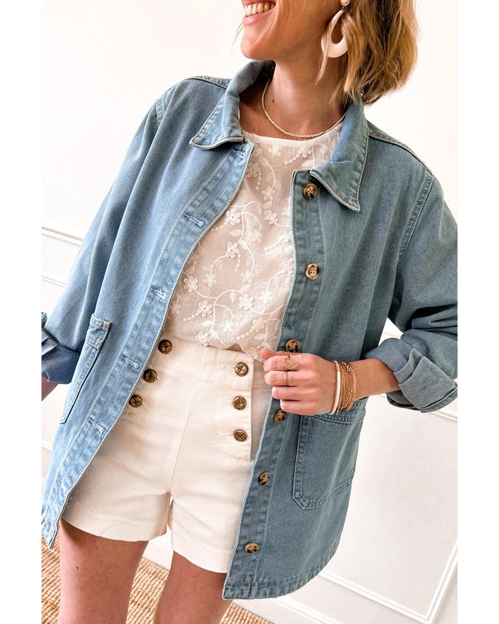 Dusk Blue Slit Buttons Pocketed Denim Jacket - S