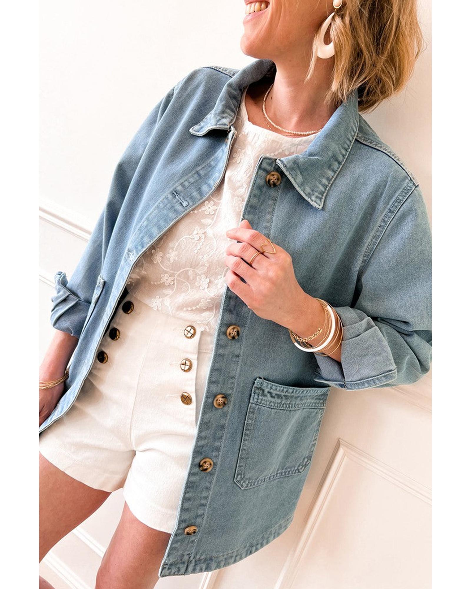 Dusk Blue Slit Buttons Pocketed Denim Jacket - S