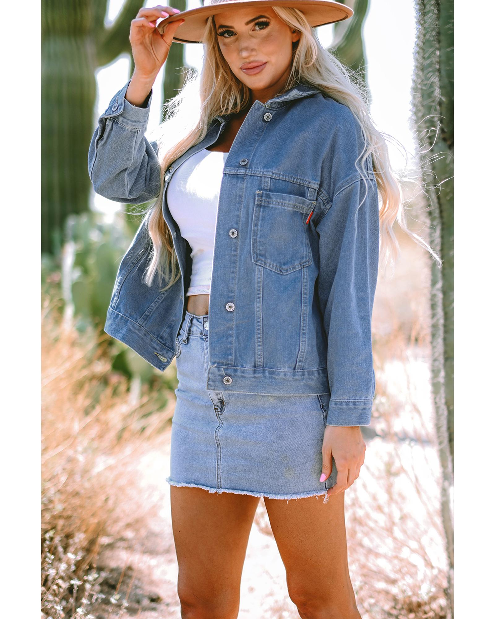 Wild Wind Washed Oversize Pocketed Denim Jacket - L