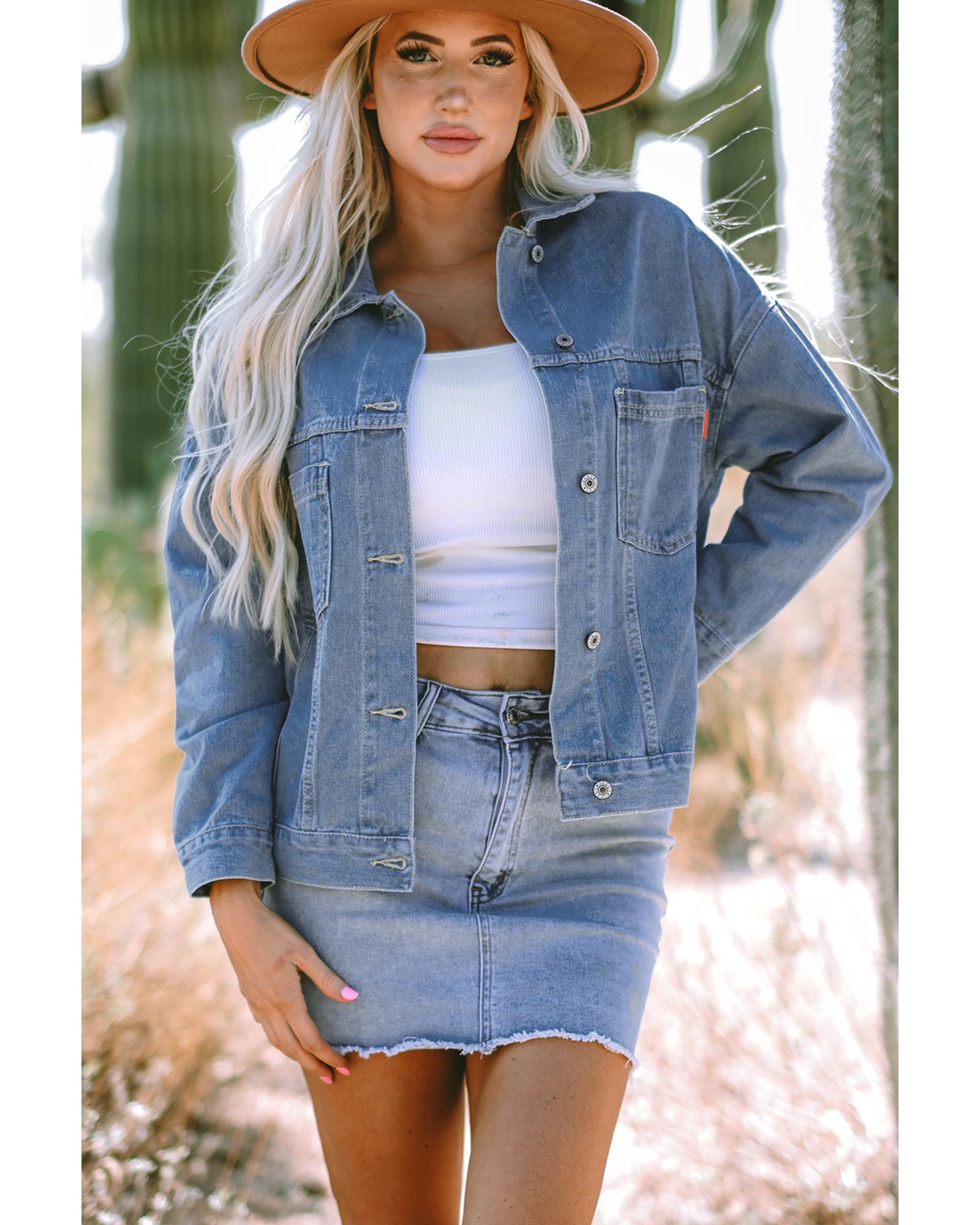 Wild Wind Washed Oversize Pocketed Denim Jacket - M