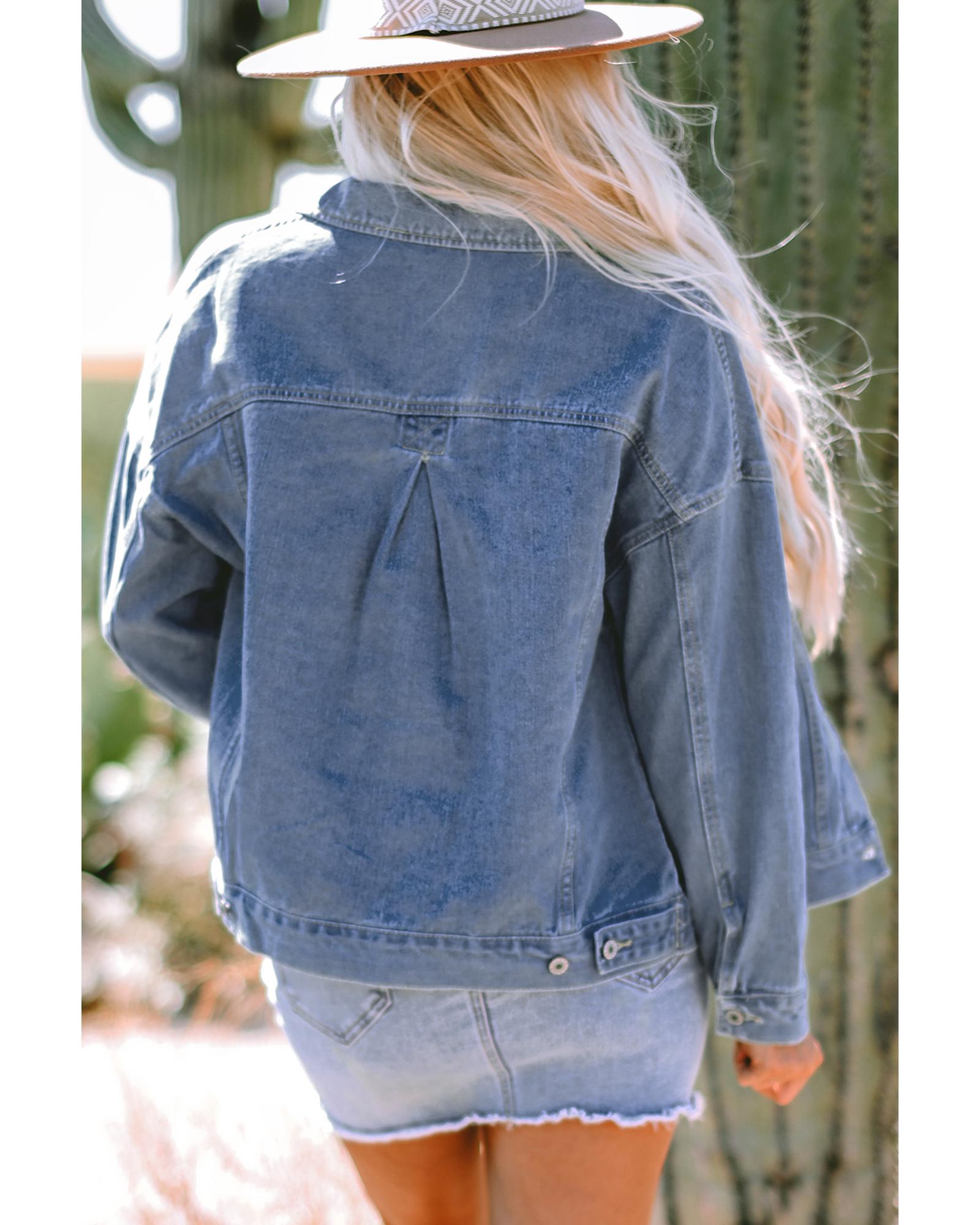 Wild Wind Washed Oversize Pocketed Denim Jacket - XL