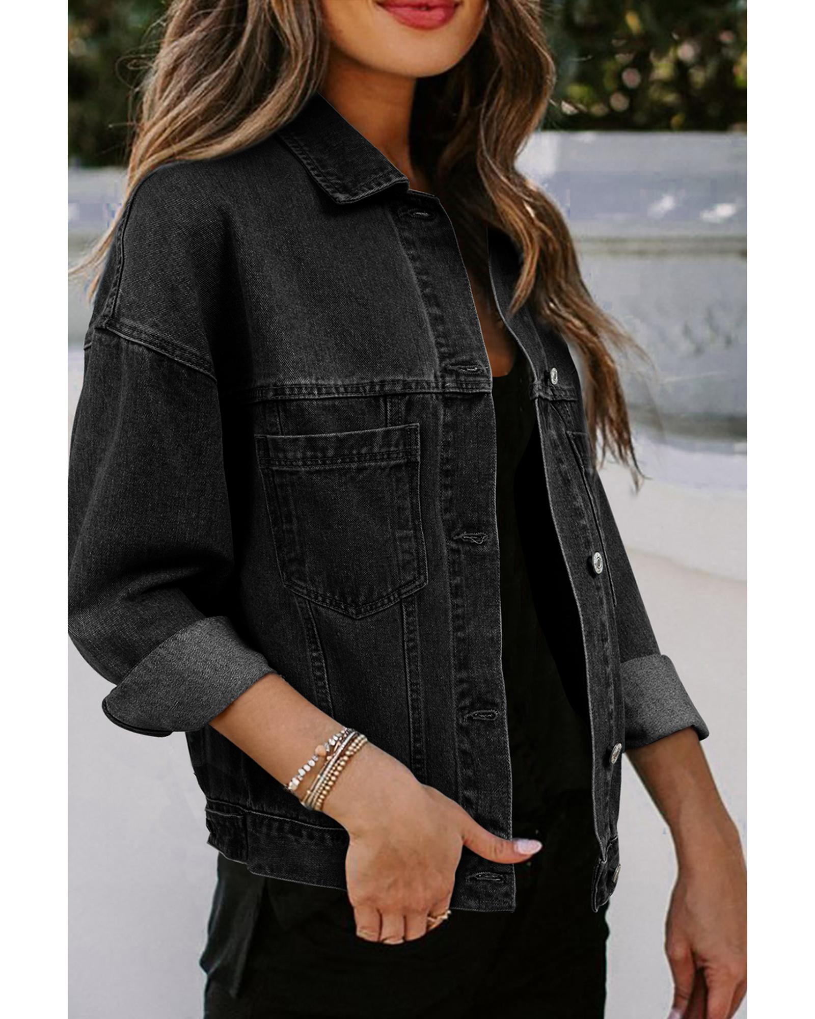 Black Washed Oversize Pocketed Denim Jacket - L
