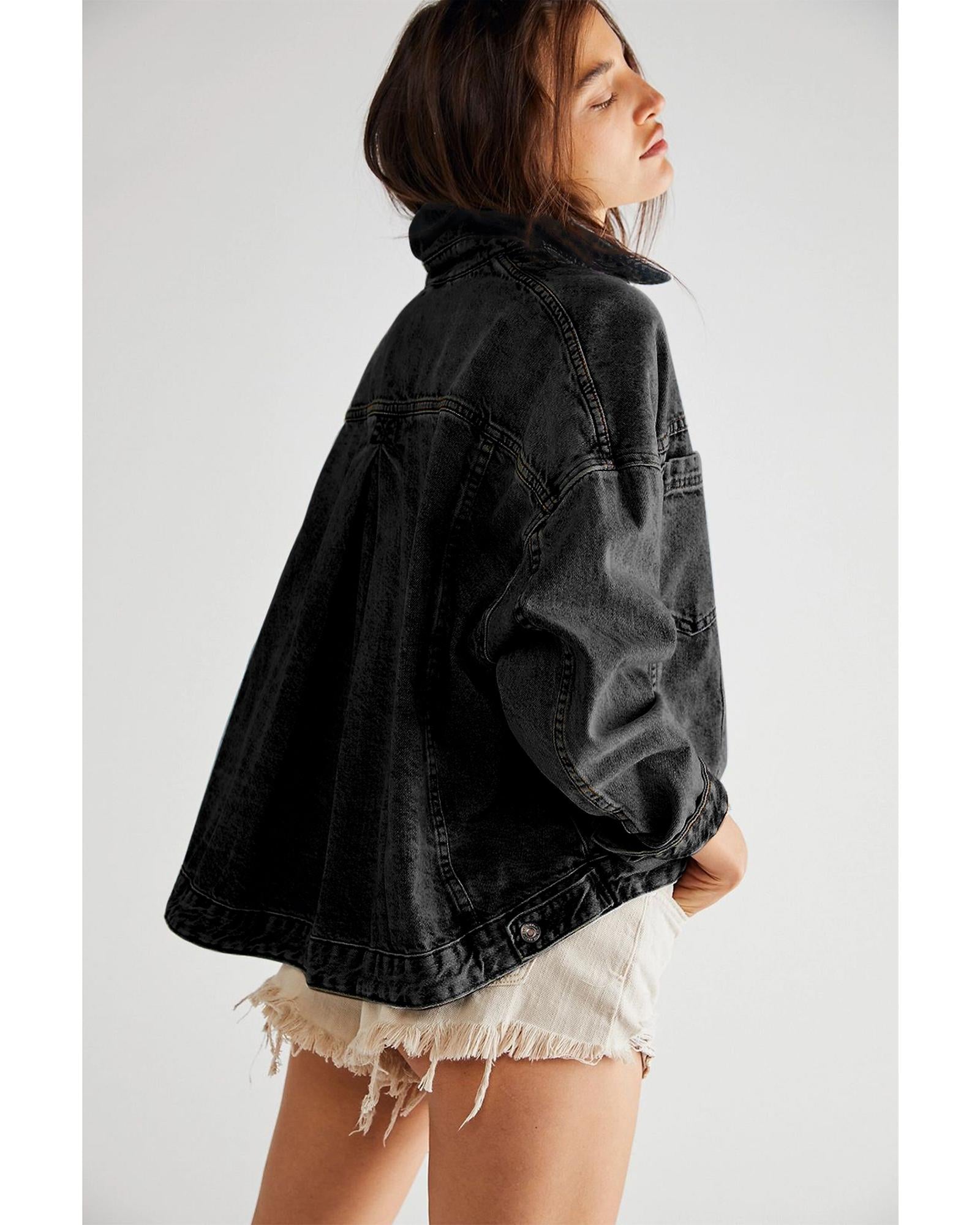 Black Washed Oversize Pocketed Denim Jacket - S