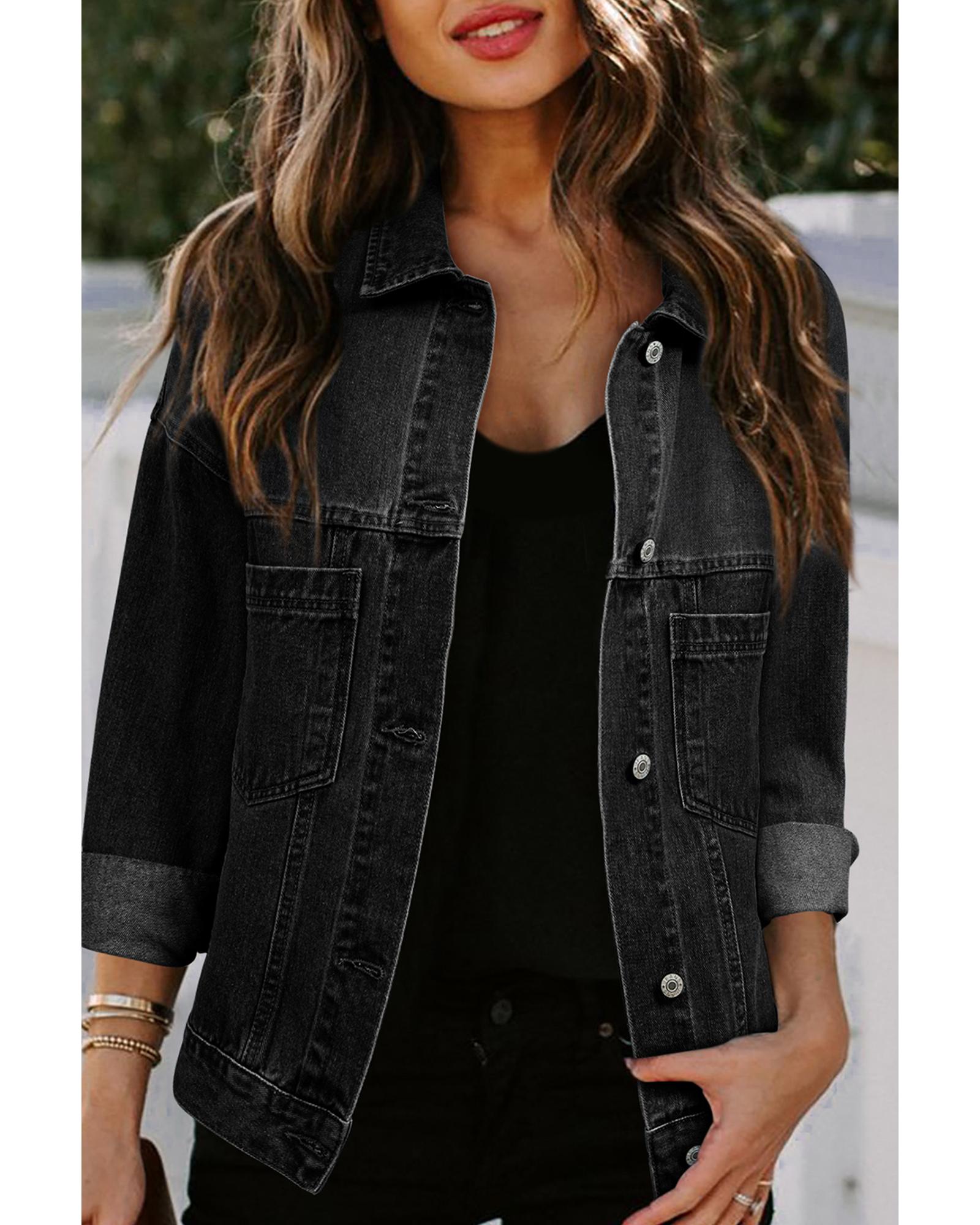 Black Washed Oversize Pocketed Denim Jacket - S