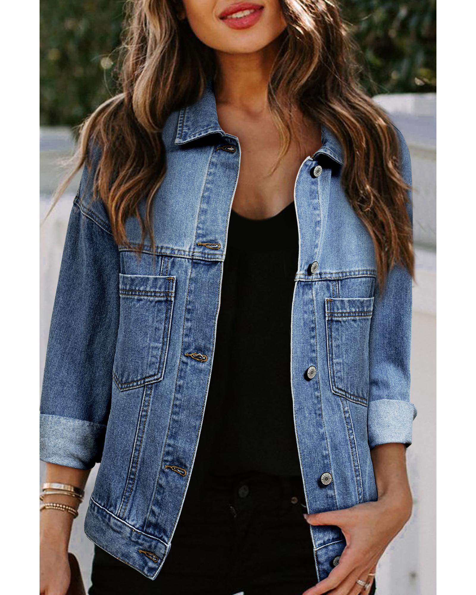 Light Blue Washed Oversize Pocketed Denim Jacket - 2XL