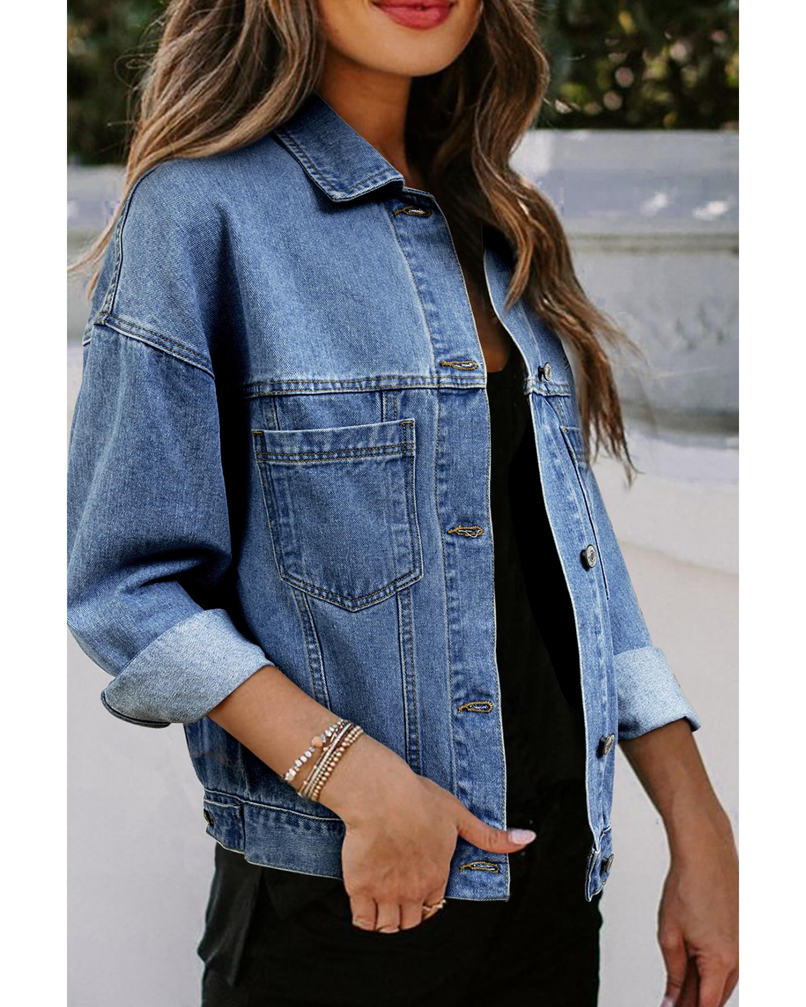 Light Blue Washed Oversize Pocketed Denim Jacket - 2XL