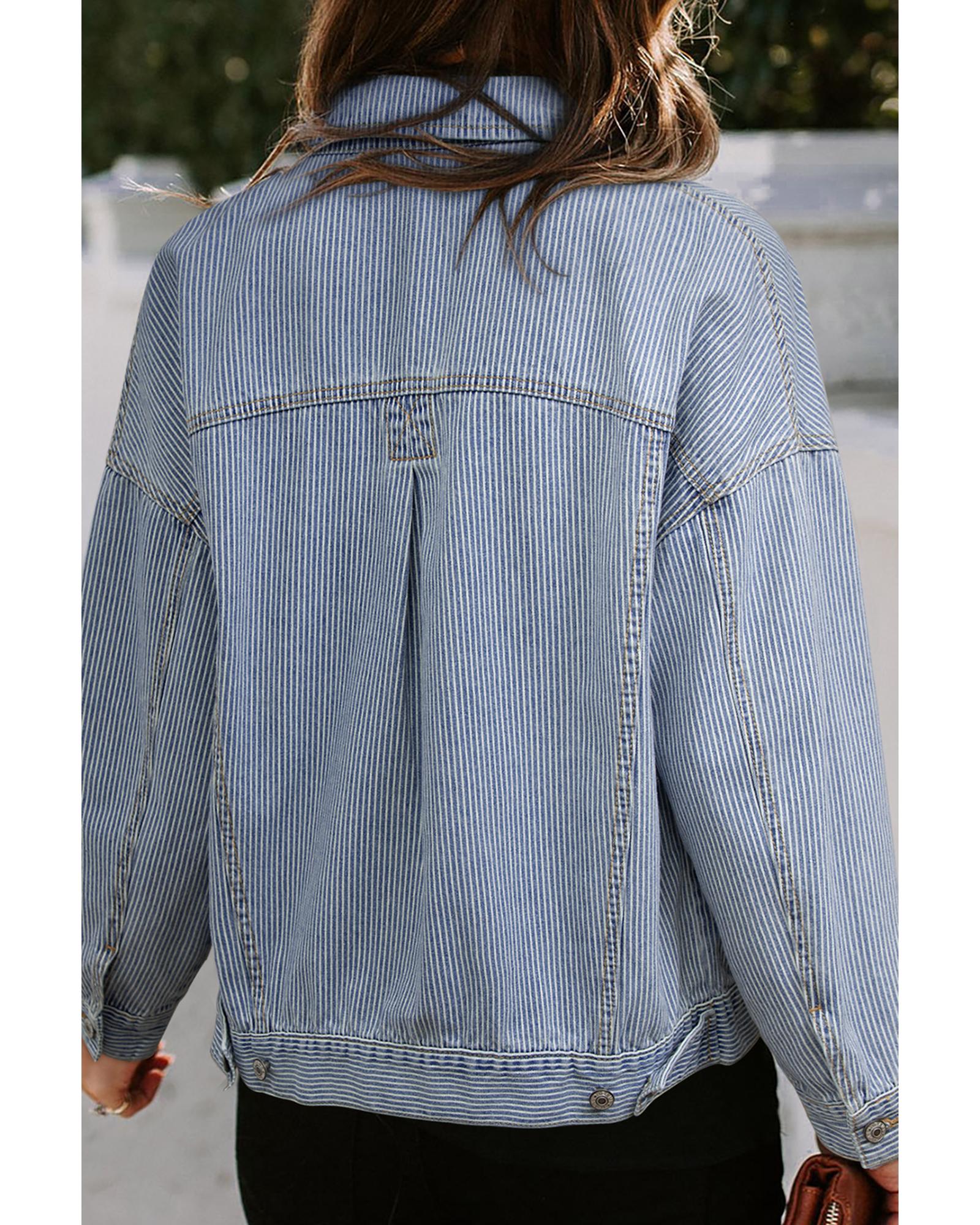 Sky Blue Stripe Washed Oversize Pocketed Denim Jacket - 2XL