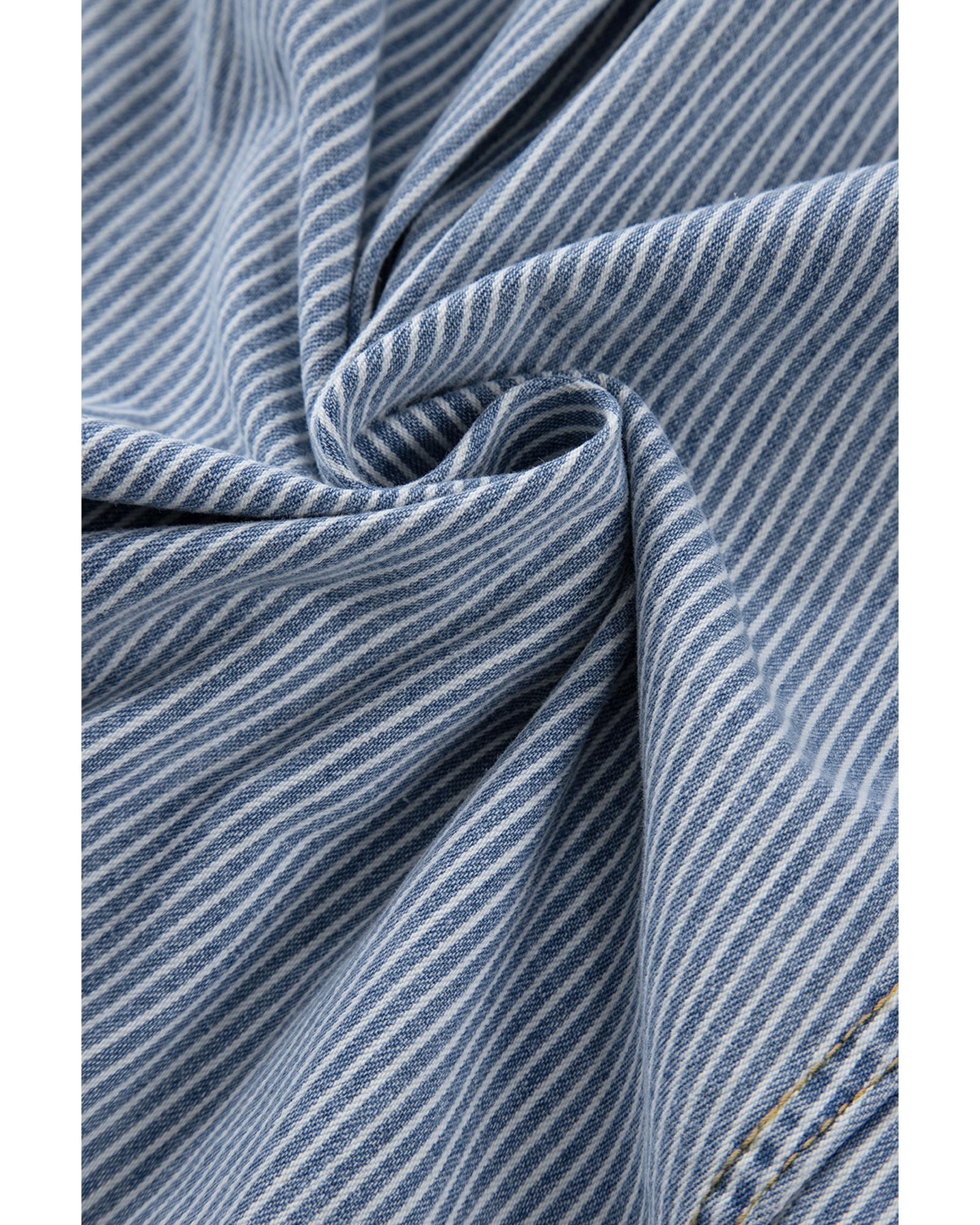 Sky Blue Stripe Washed Oversize Pocketed Denim Jacket - M