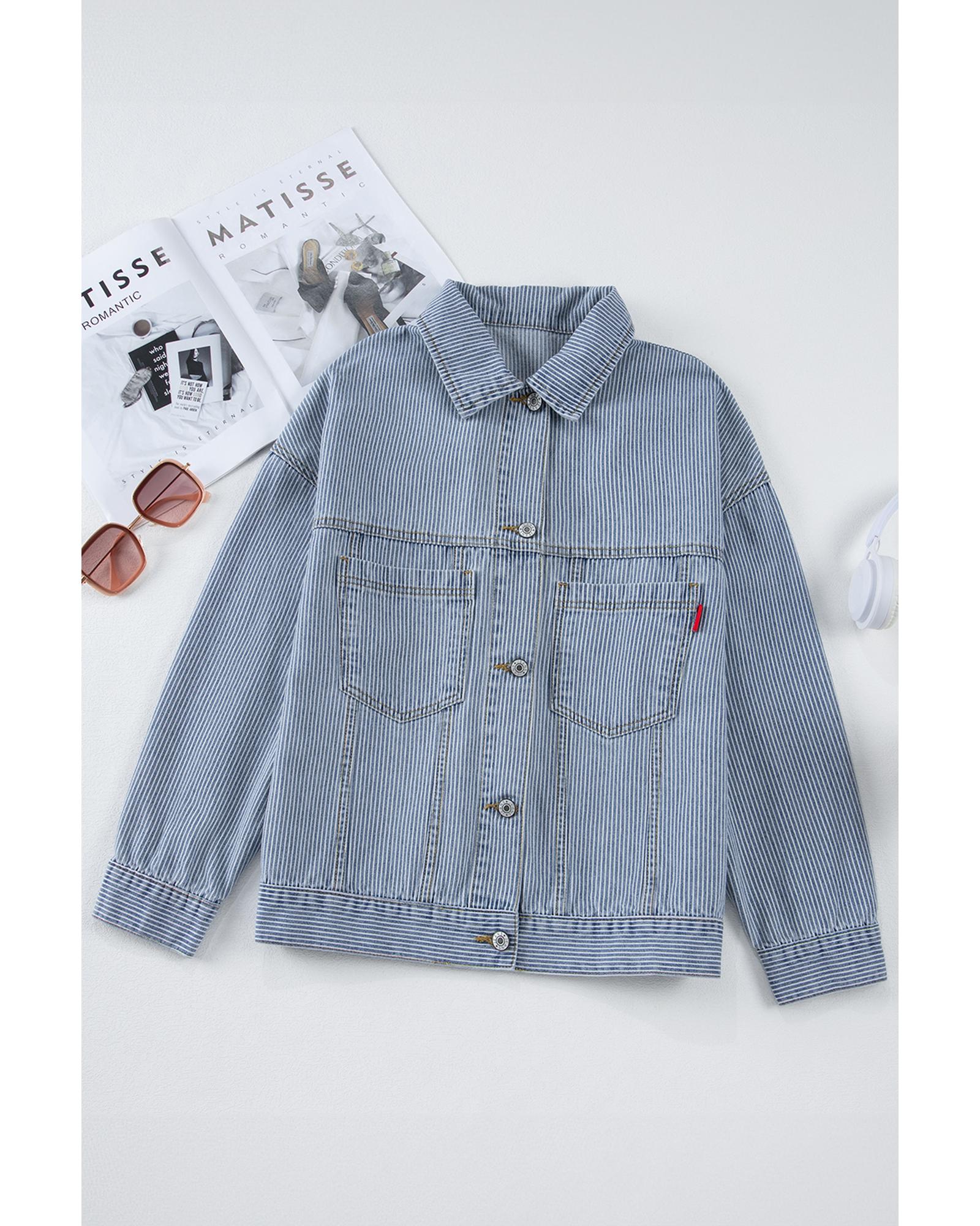 Sky Blue Stripe Washed Oversize Pocketed Denim Jacket - M