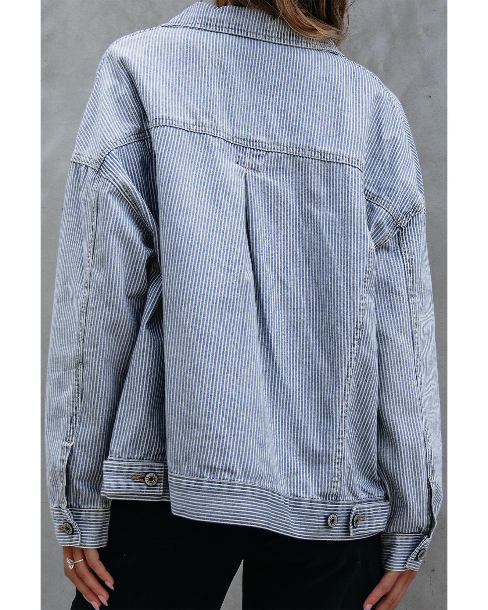 Sky Blue Stripe Washed Oversize Pocketed Denim Jacket - M