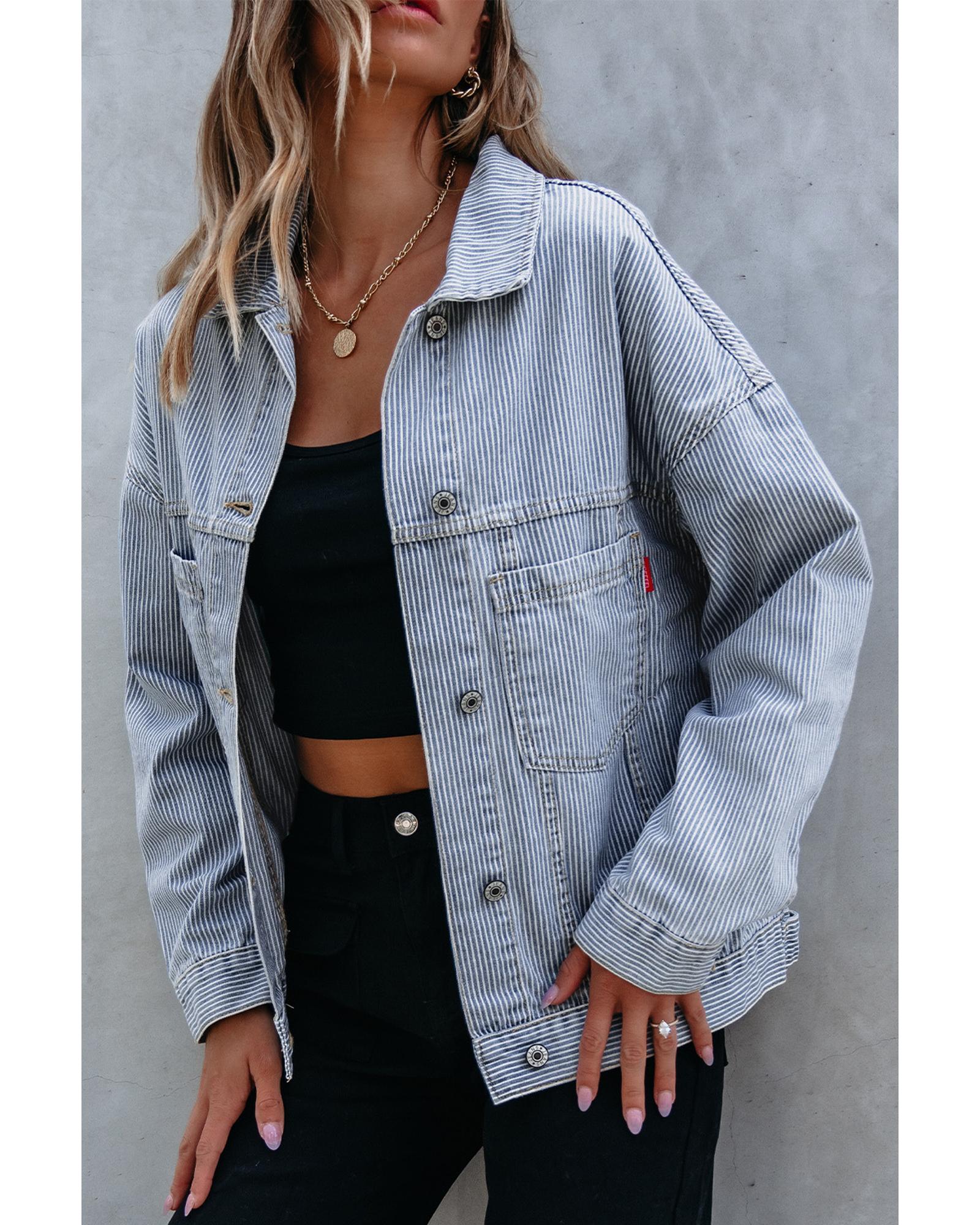 Sky Blue Stripe Washed Oversize Pocketed Denim Jacket - XL