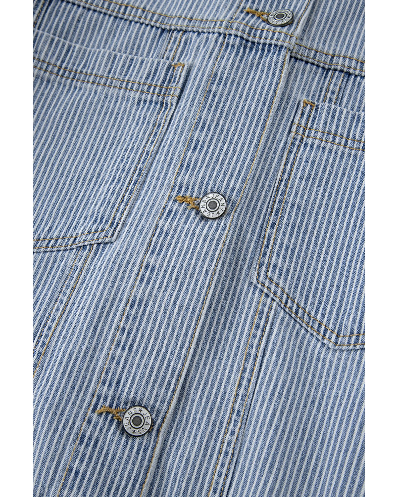 Sky Blue Stripe Washed Oversize Pocketed Denim Jacket - XL