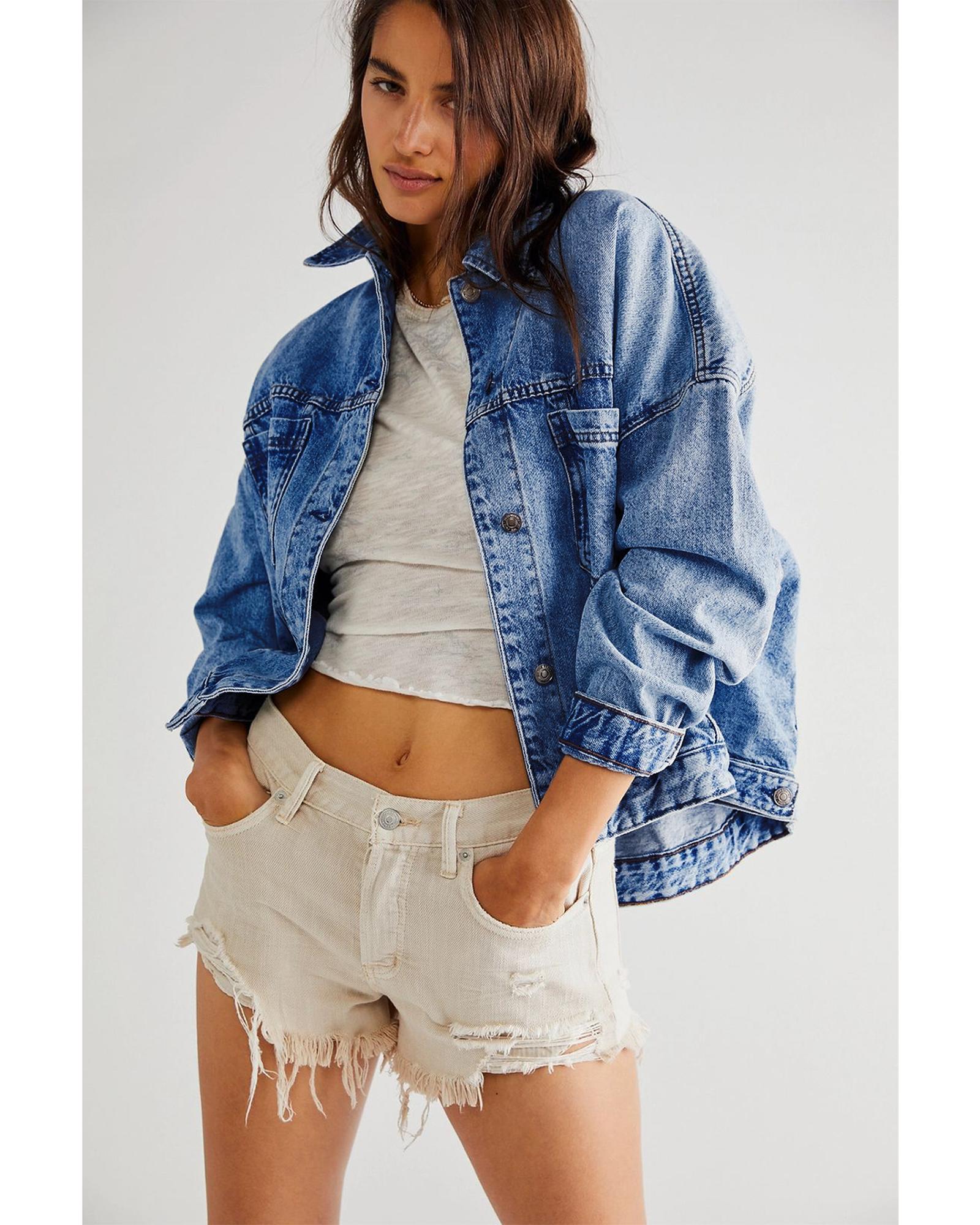 Dark Blue Washed Oversize Pocketed Denim Jacket - M