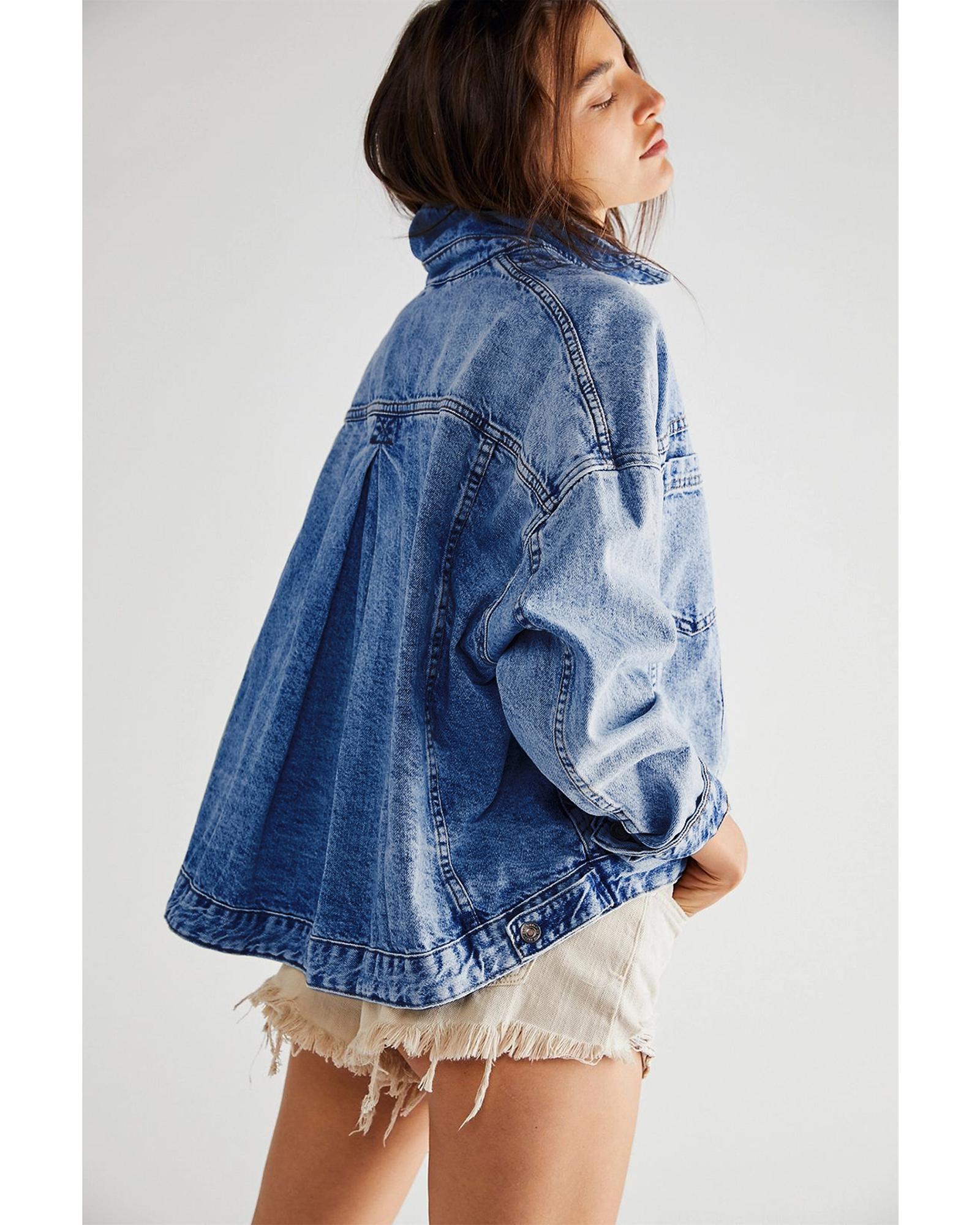 Dark Blue Washed Oversize Pocketed Denim Jacket - M