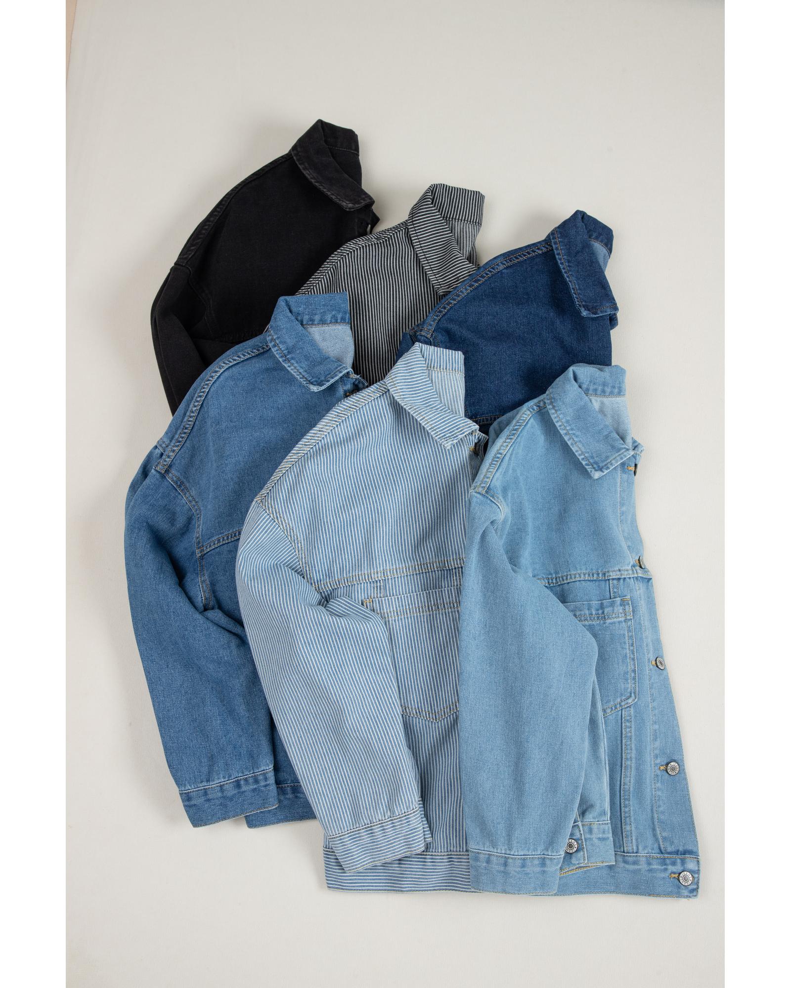 Dark Blue Washed Oversize Pocketed Denim Jacket - M