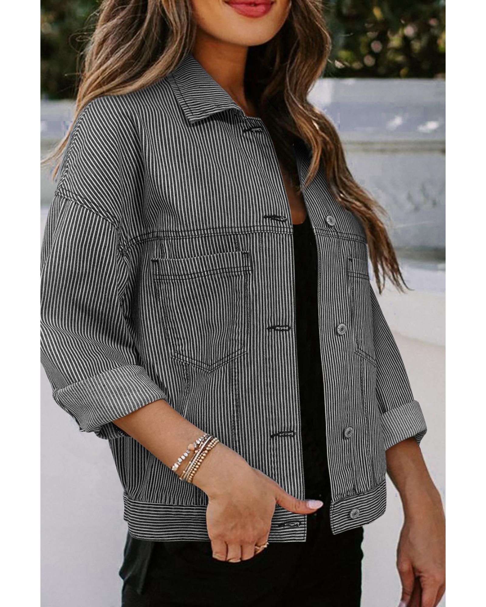 Blue Stripe Washed Oversize Pocketed Denim Jacket - L