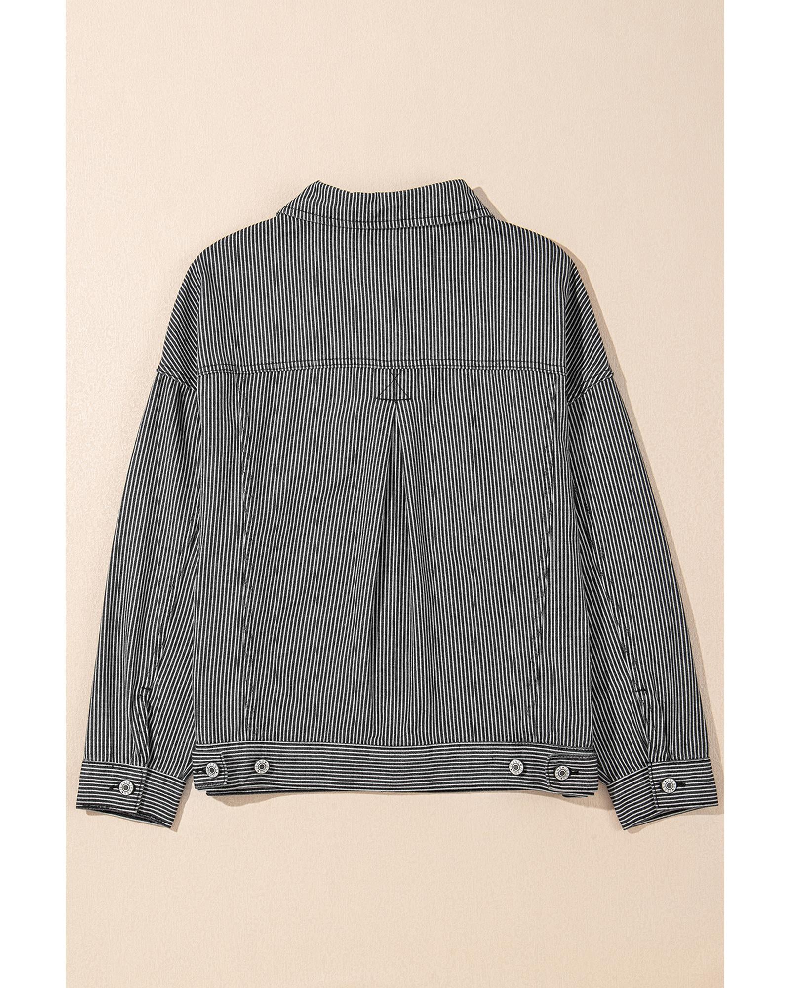Blue Stripe Washed Oversize Pocketed Denim Jacket - M