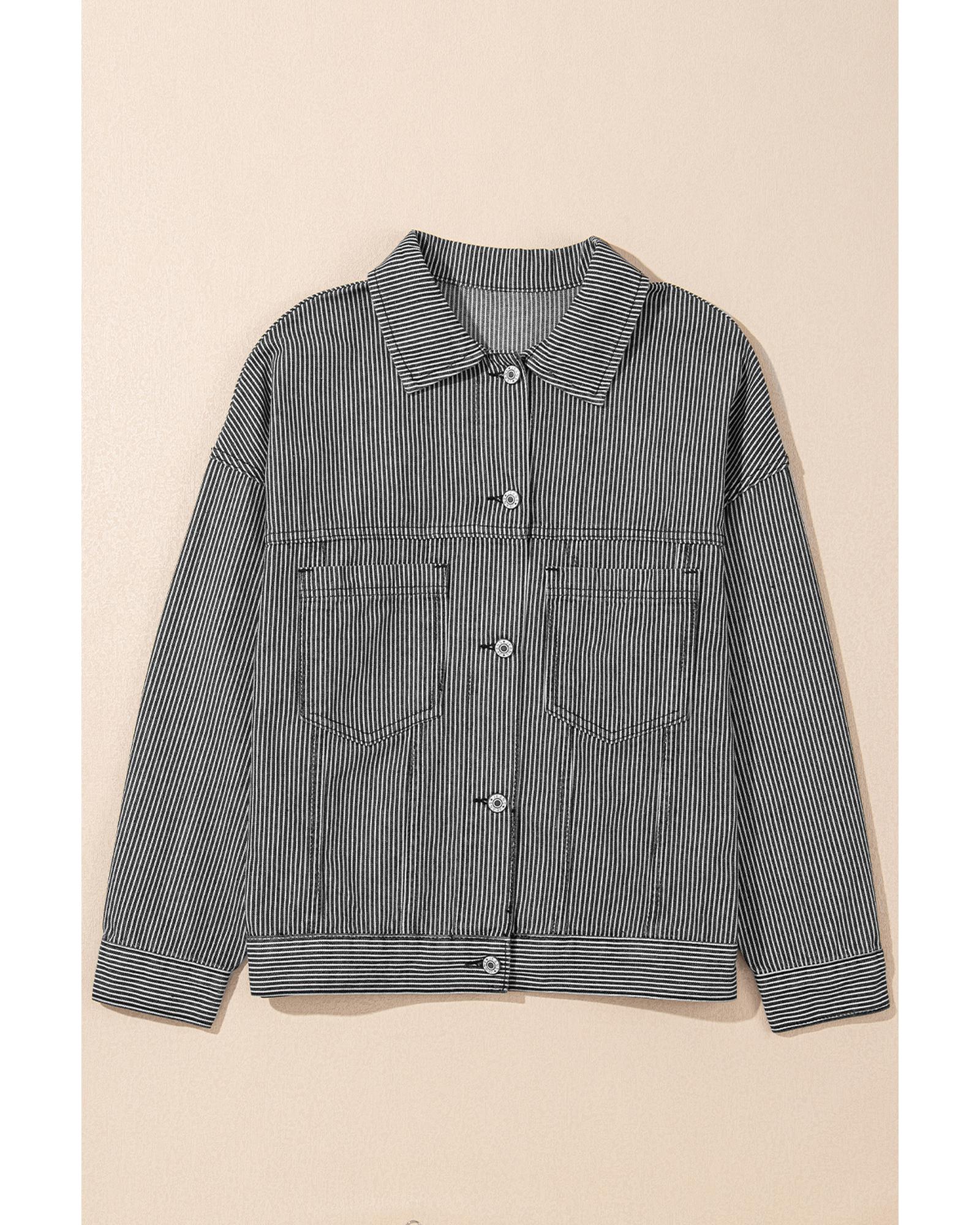 Blue Stripe Washed Oversize Pocketed Denim Jacket - M