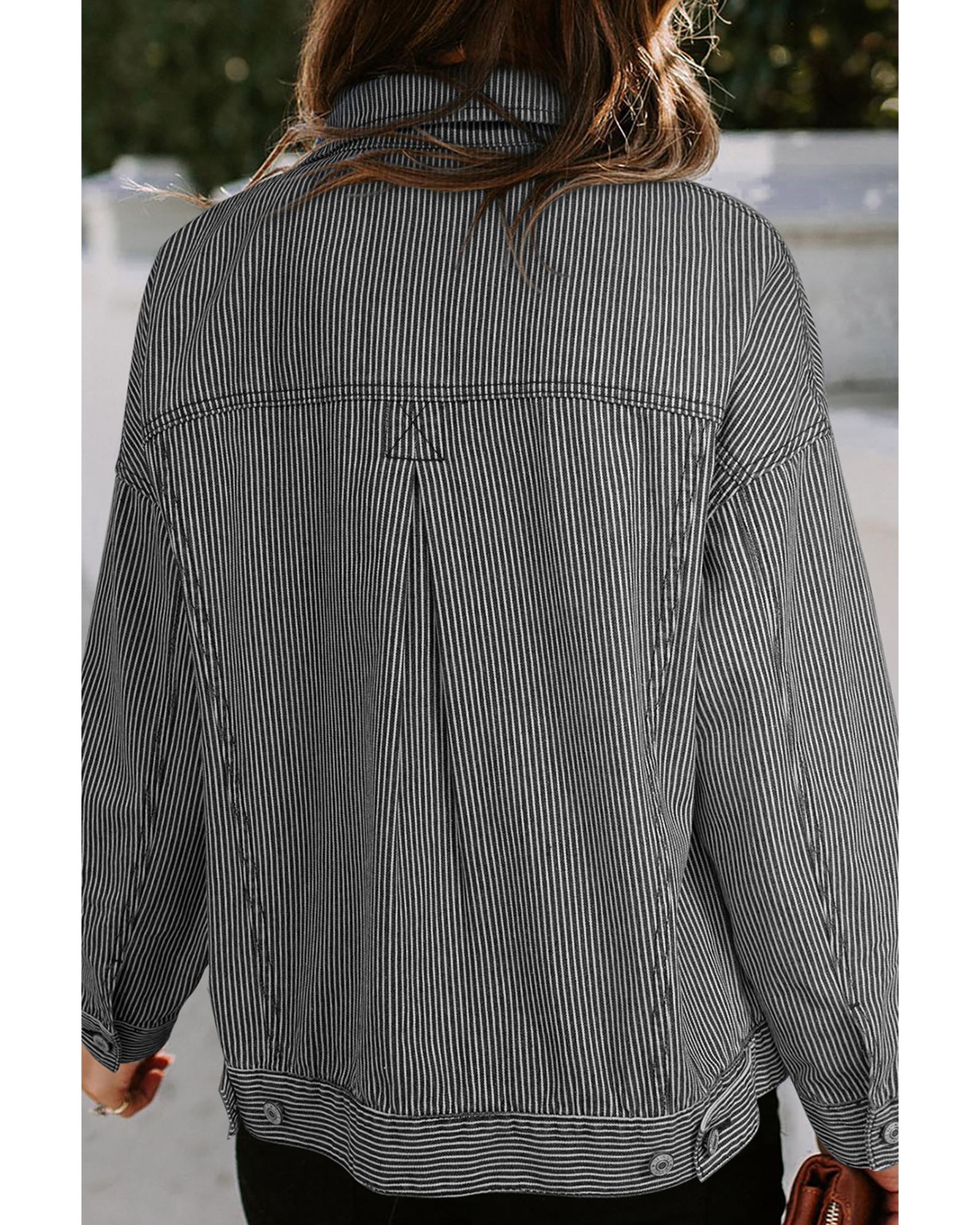 Blue Stripe Washed Oversize Pocketed Denim Jacket - XL