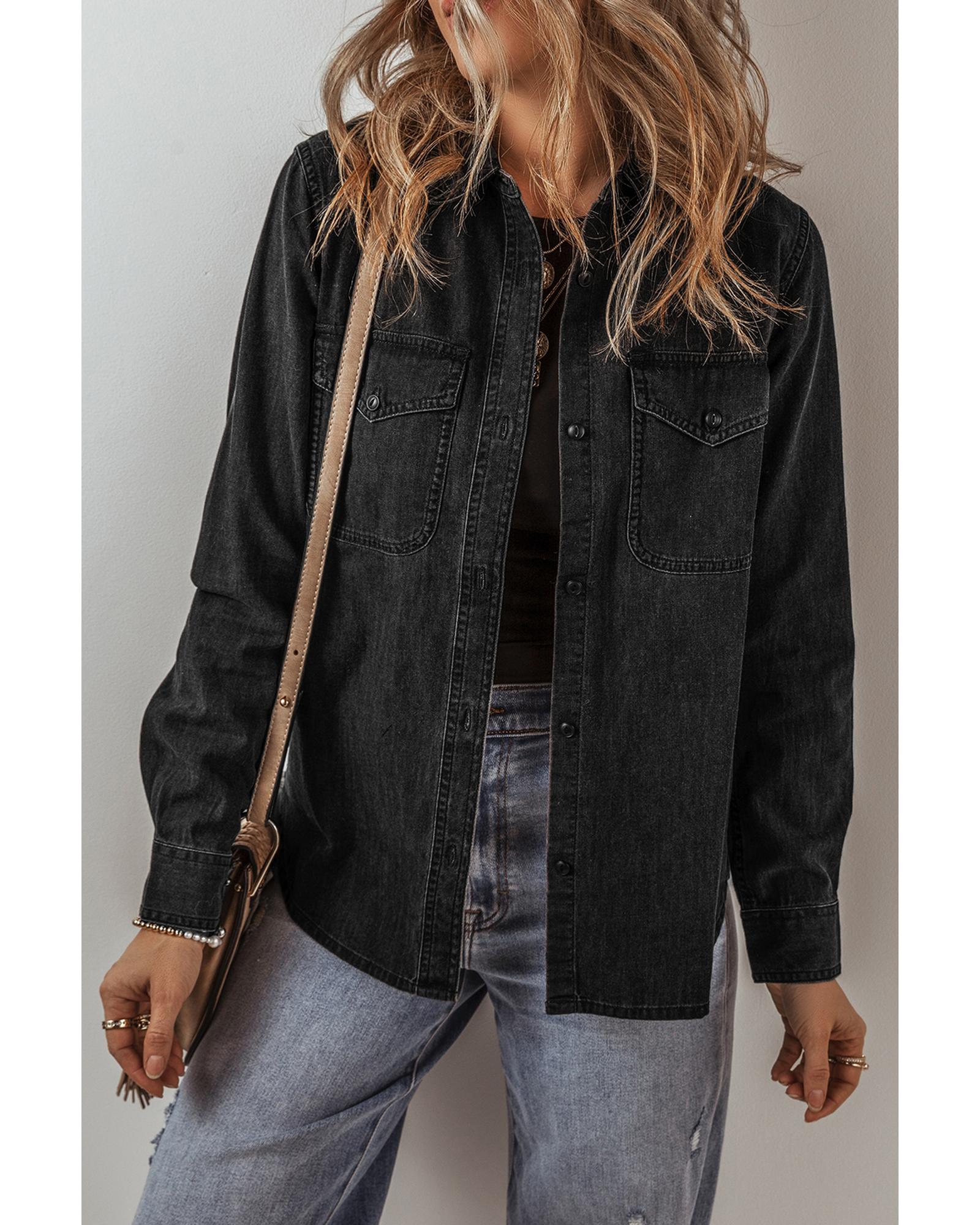 Black Flap Pocket Buttons Collared Jean Jacket - L