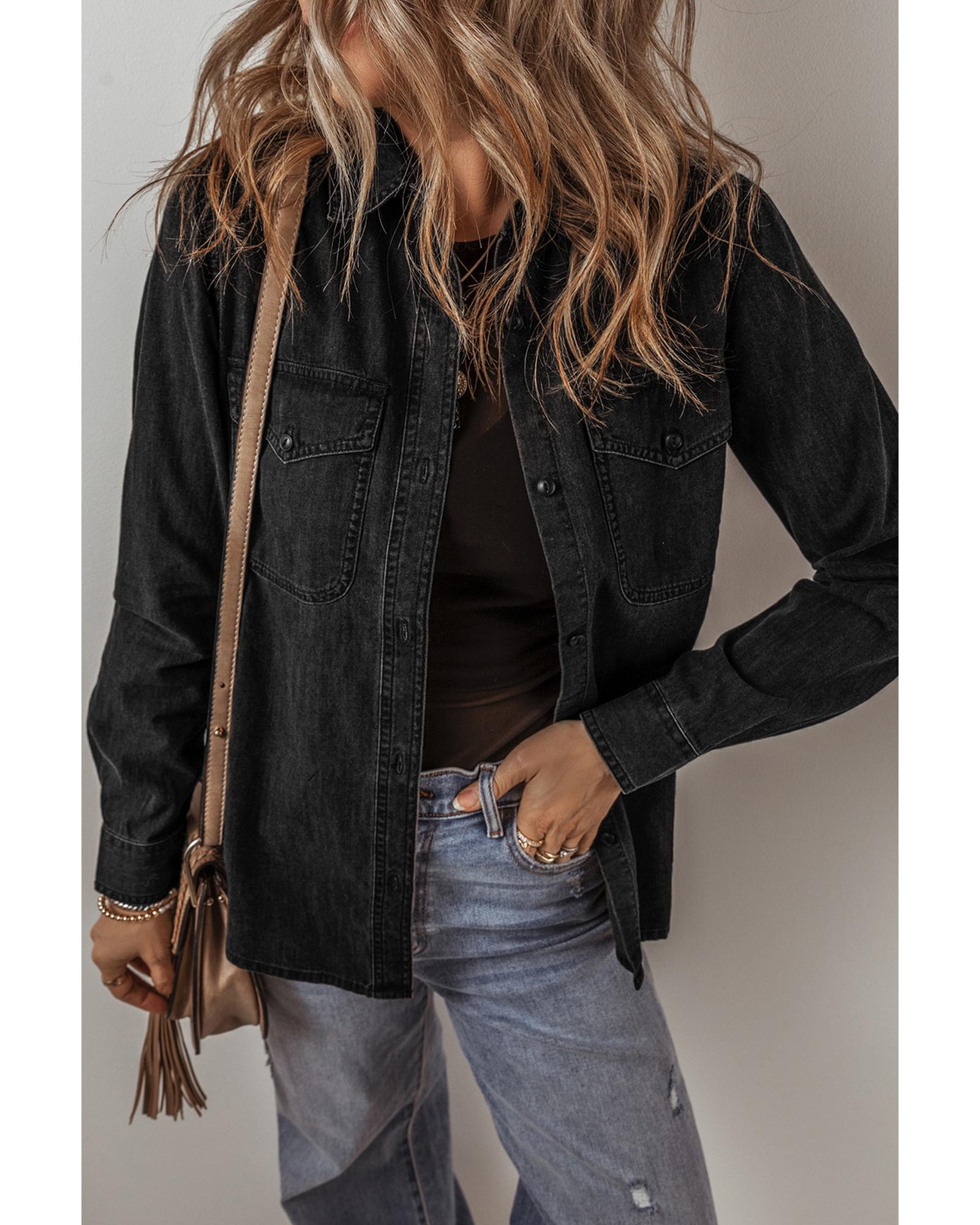 Black Flap Pocket Buttons Collared Jean Jacket - M