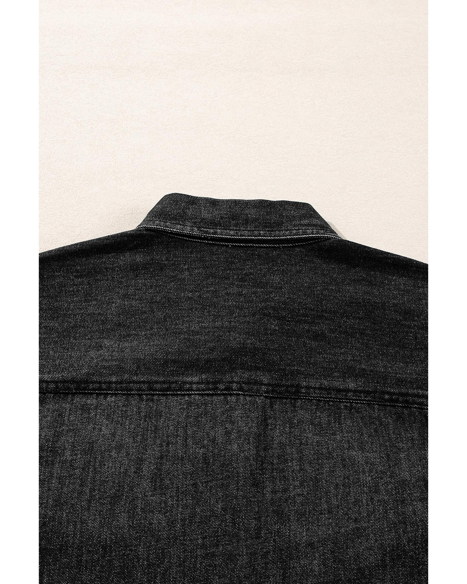 Black Flap Pocket Buttons Collared Jean Jacket - M