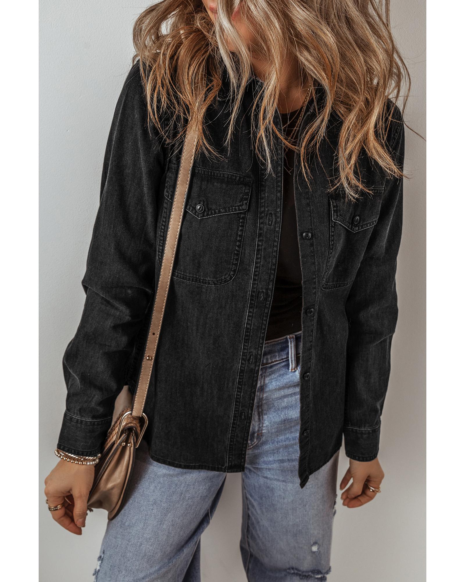 Black Flap Pocket Buttons Collared Jean Jacket - S