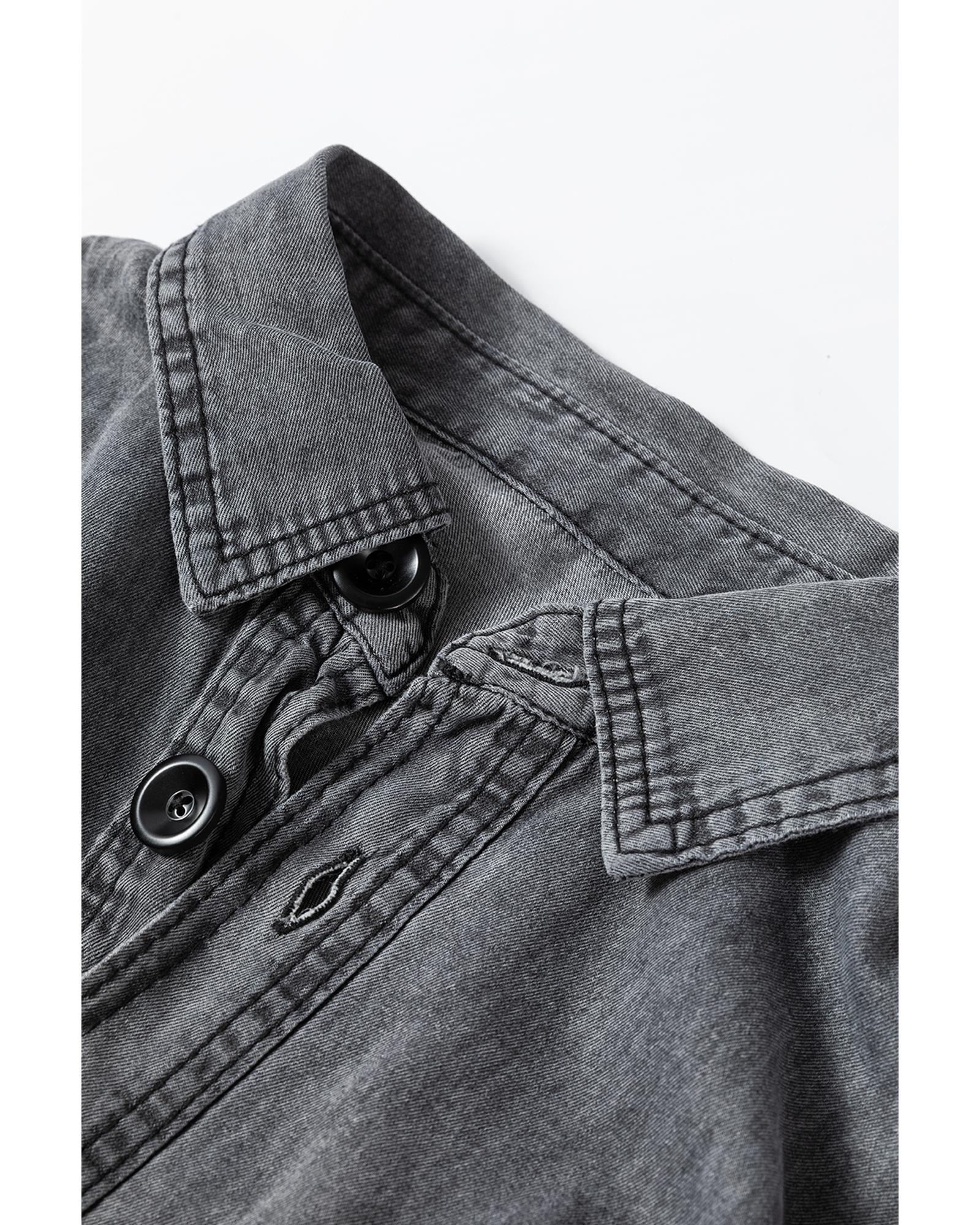 Medium Grey Mineral Wash Patched Pocket Split Denim Jacket - 2XL