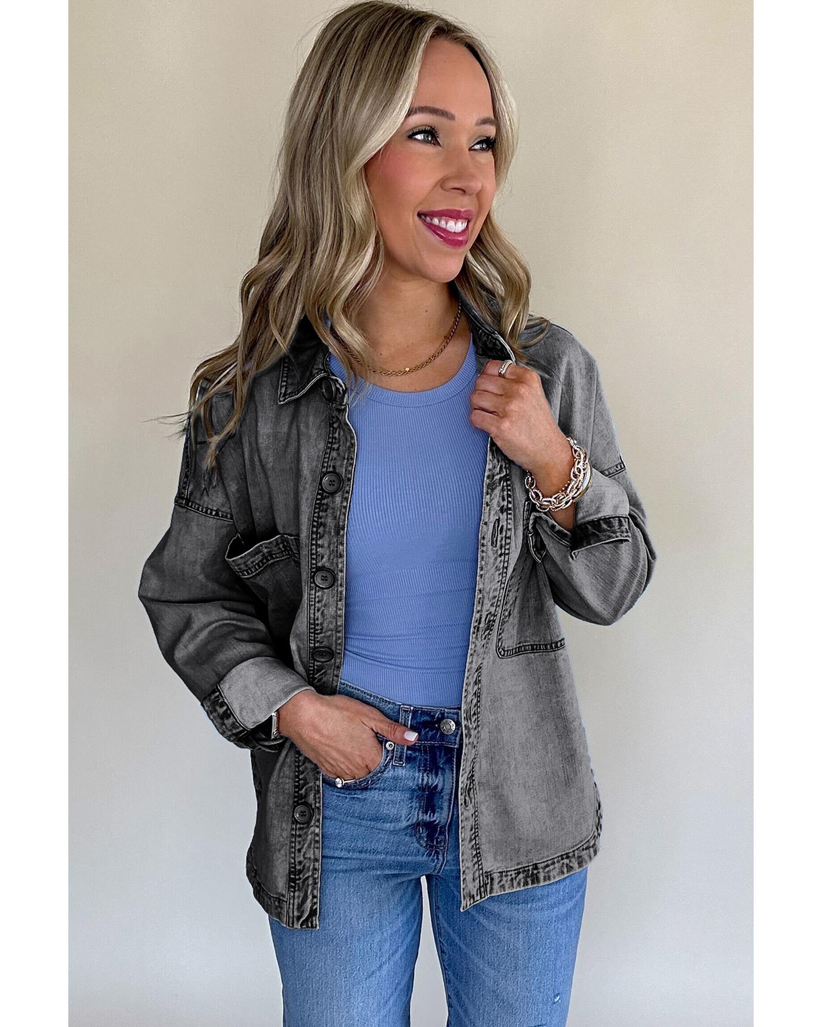 Medium Grey Mineral Wash Patched Pocket Split Denim Jacket - M